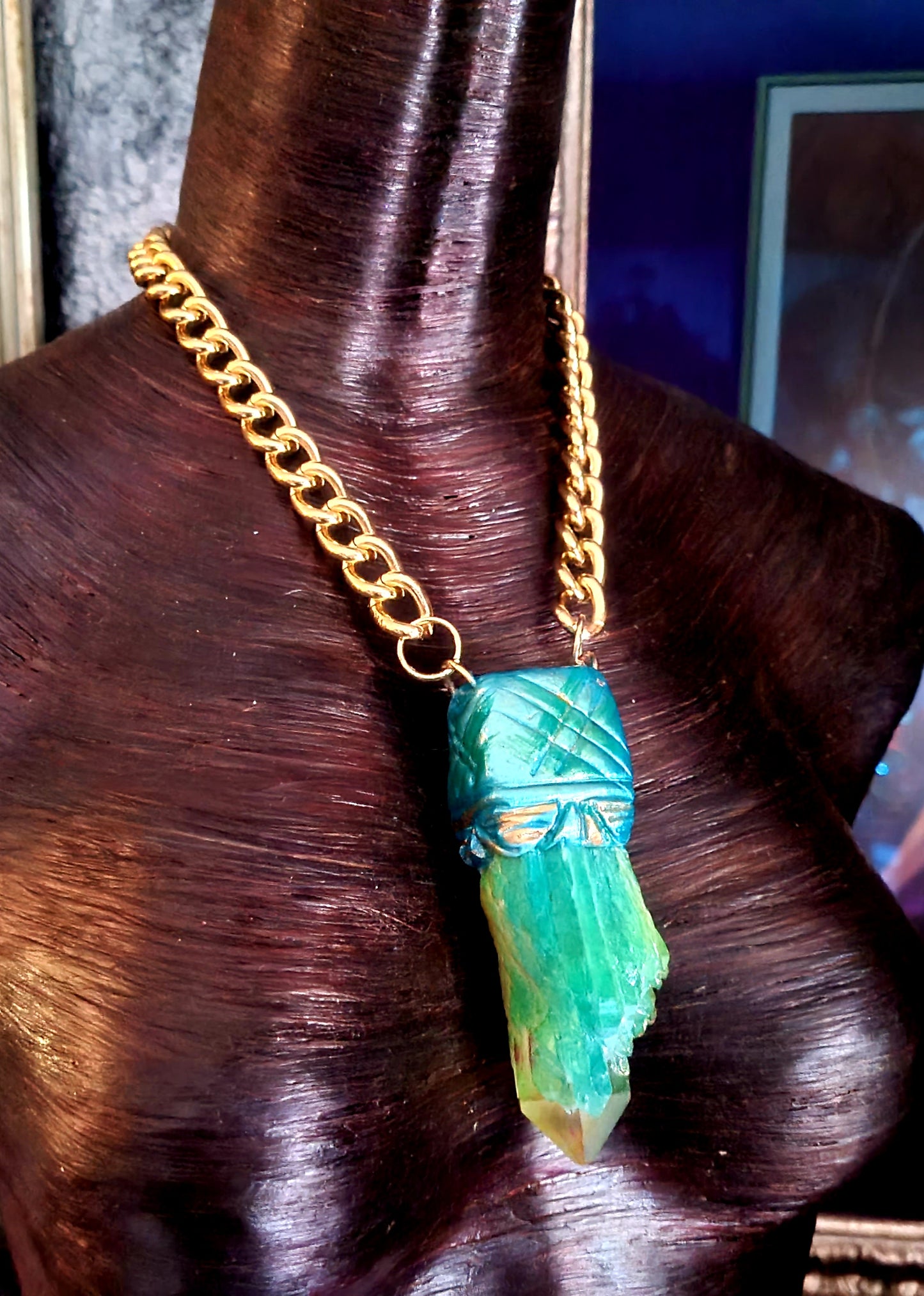 Blue Green & Yellow Flame Aura Quartz Sculpted Pendant - Rough Crystal Unisex Talisman - Kat Kouture Jewelry