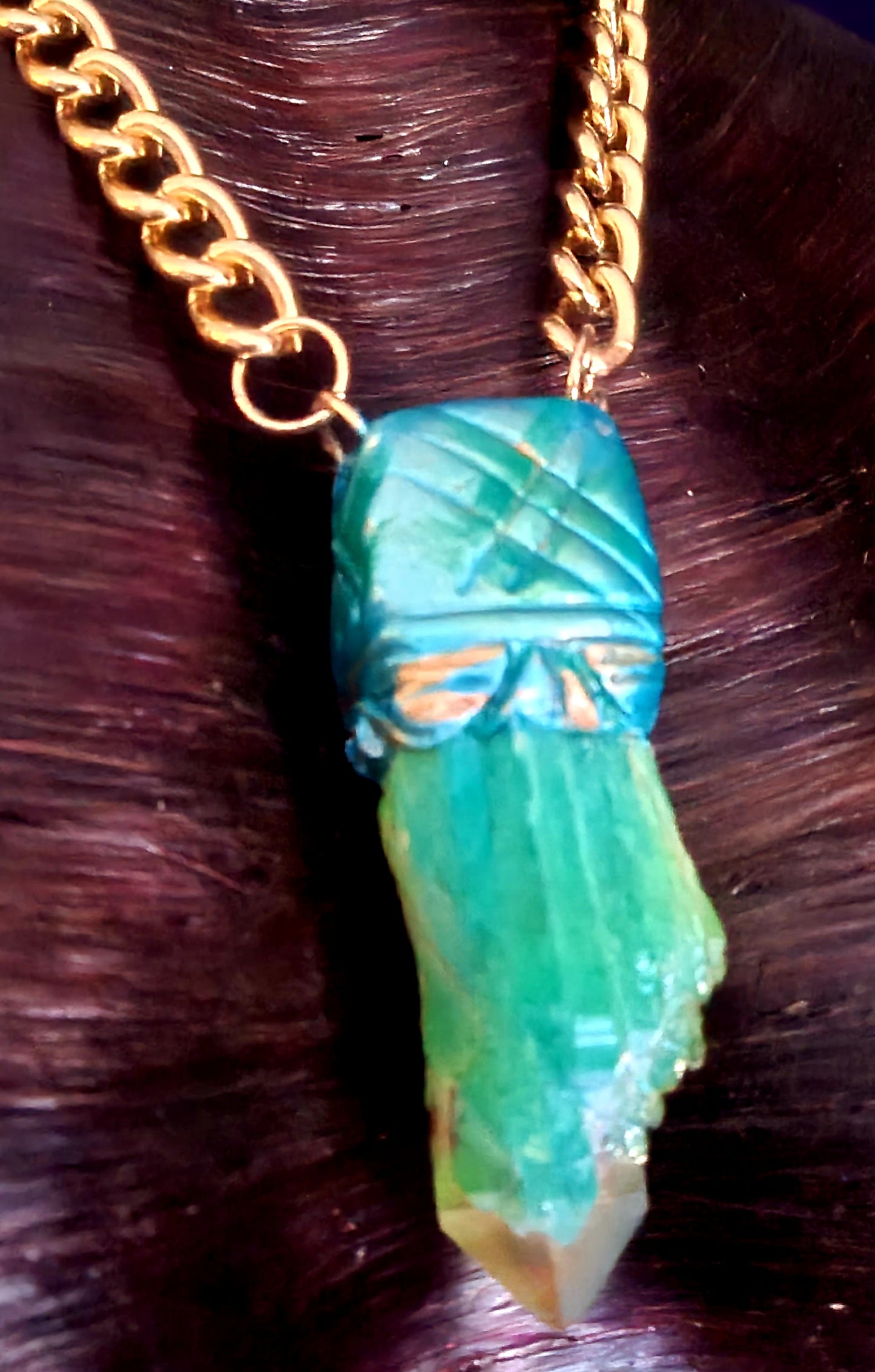 Blue Green & Yellow Flame Aura Quartz Sculpted Pendant - Rough Crystal Unisex Talisman - Kat Kouture Jewelry