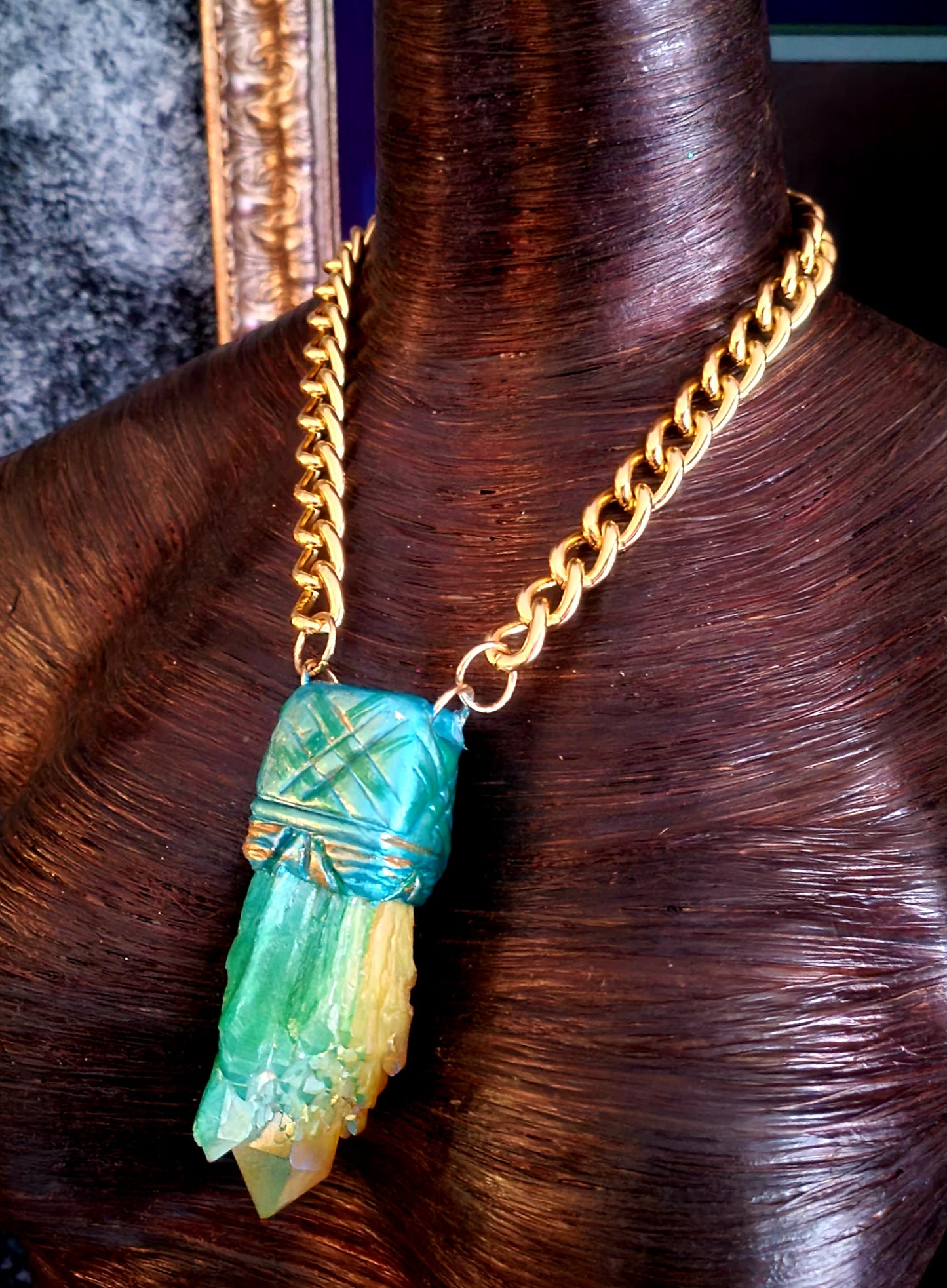 Blue Green & Yellow Flame Aura Quartz Sculpted Pendant - Rough Crystal Unisex Talisman - Kat Kouture Jewelry