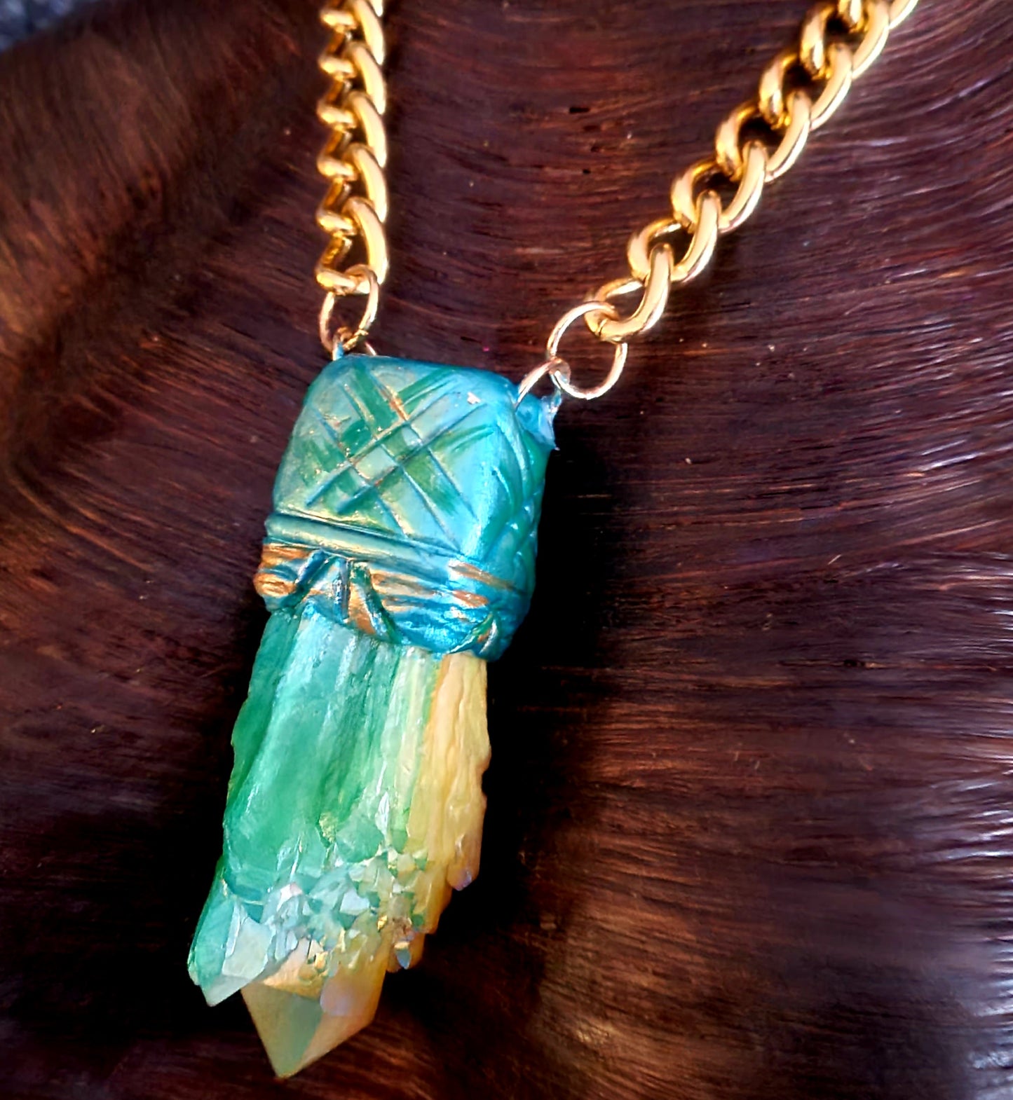 Blue Green & Yellow Flame Aura Quartz Sculpted Pendant - Rough Crystal Unisex Talisman - Kat Kouture Jewelry