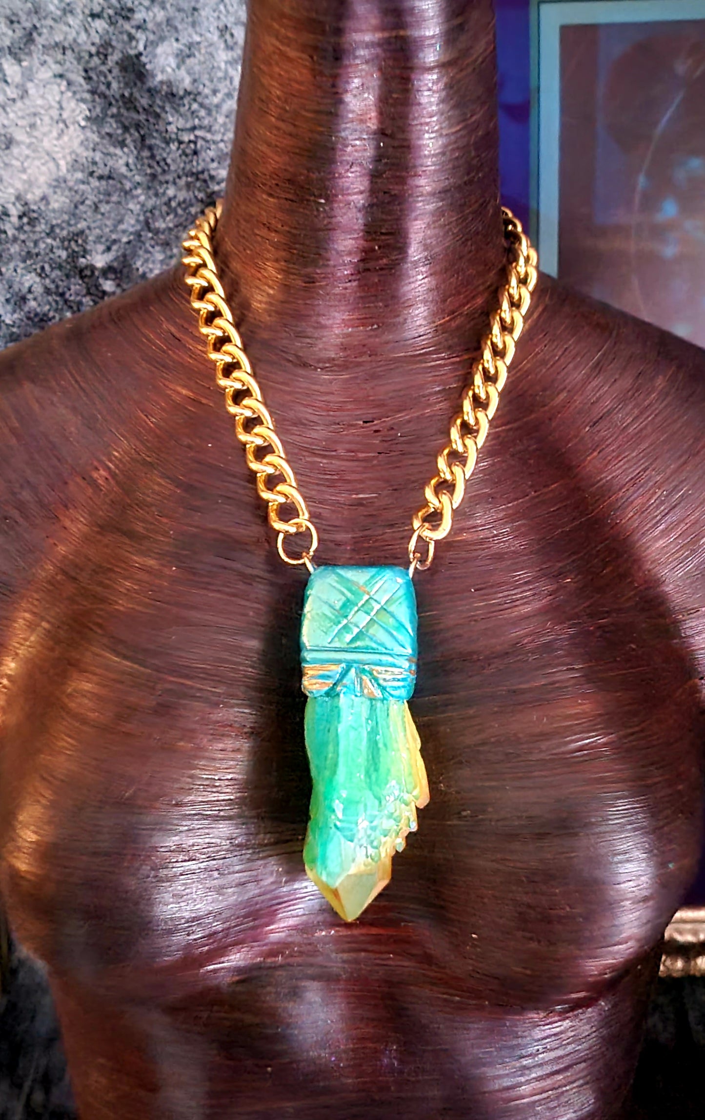 Blue Green & Yellow Flame Aura Quartz Sculpted Pendant - Rough Crystal Unisex Talisman - Kat Kouture Jewelry