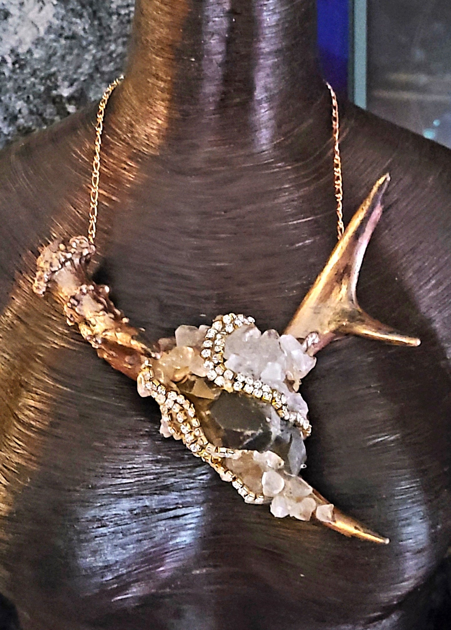 Avant Garde Antler and Gemstone Chest Piece - Unisex Deer Horn & Smoky Quartz Statement Necklace - Rocker Chic Exotic and Wild Bib Necklace - Kat Kouture Jewelry