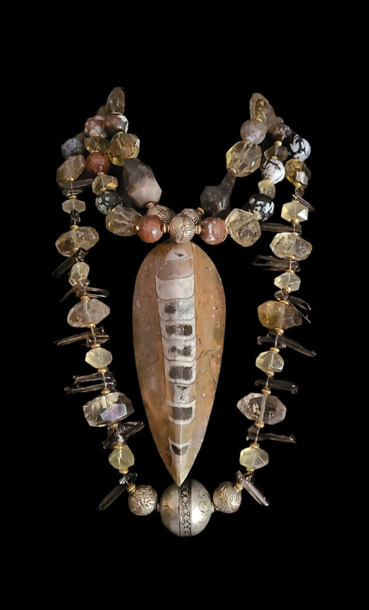 Orthoceras Fossil & Mixed High End Multi Strand Gemstone Necklace
