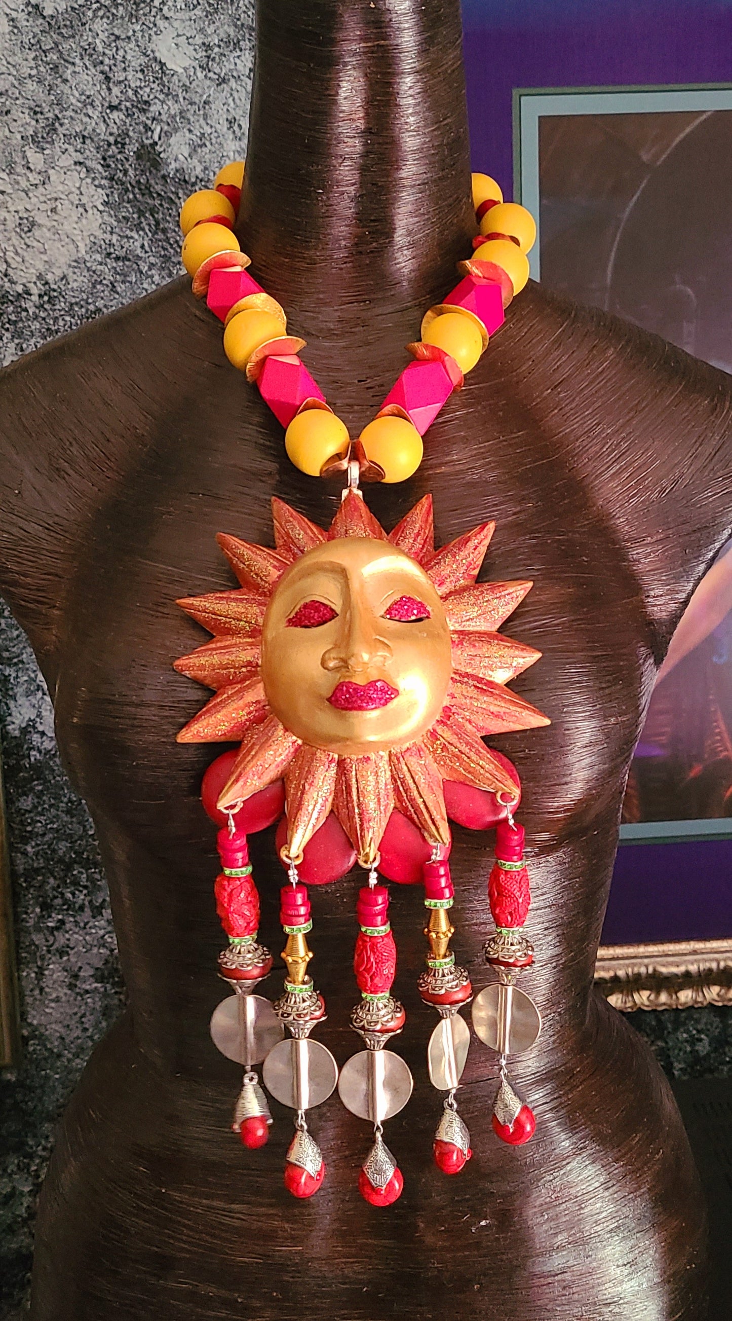 Golden Red Sun Chest Piece With Beaded Dangles - Folklore Inspired Sun Statement Pendant - Kat Kouture Jewelry