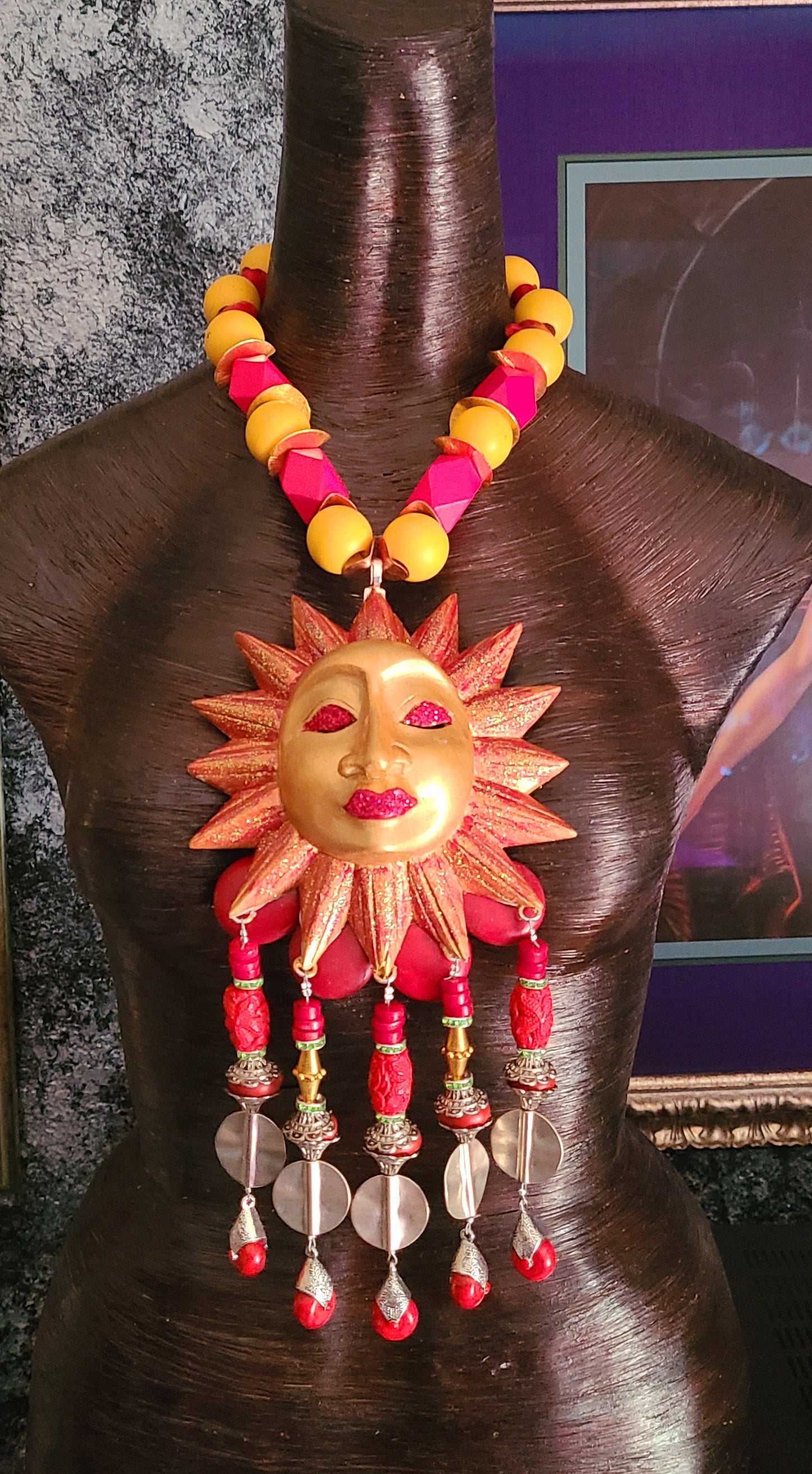 Golden Red Sun Chest Piece With Beaded Dangles - Folklore Inspired Sun Statement Pendant - Kat Kouture Jewelry