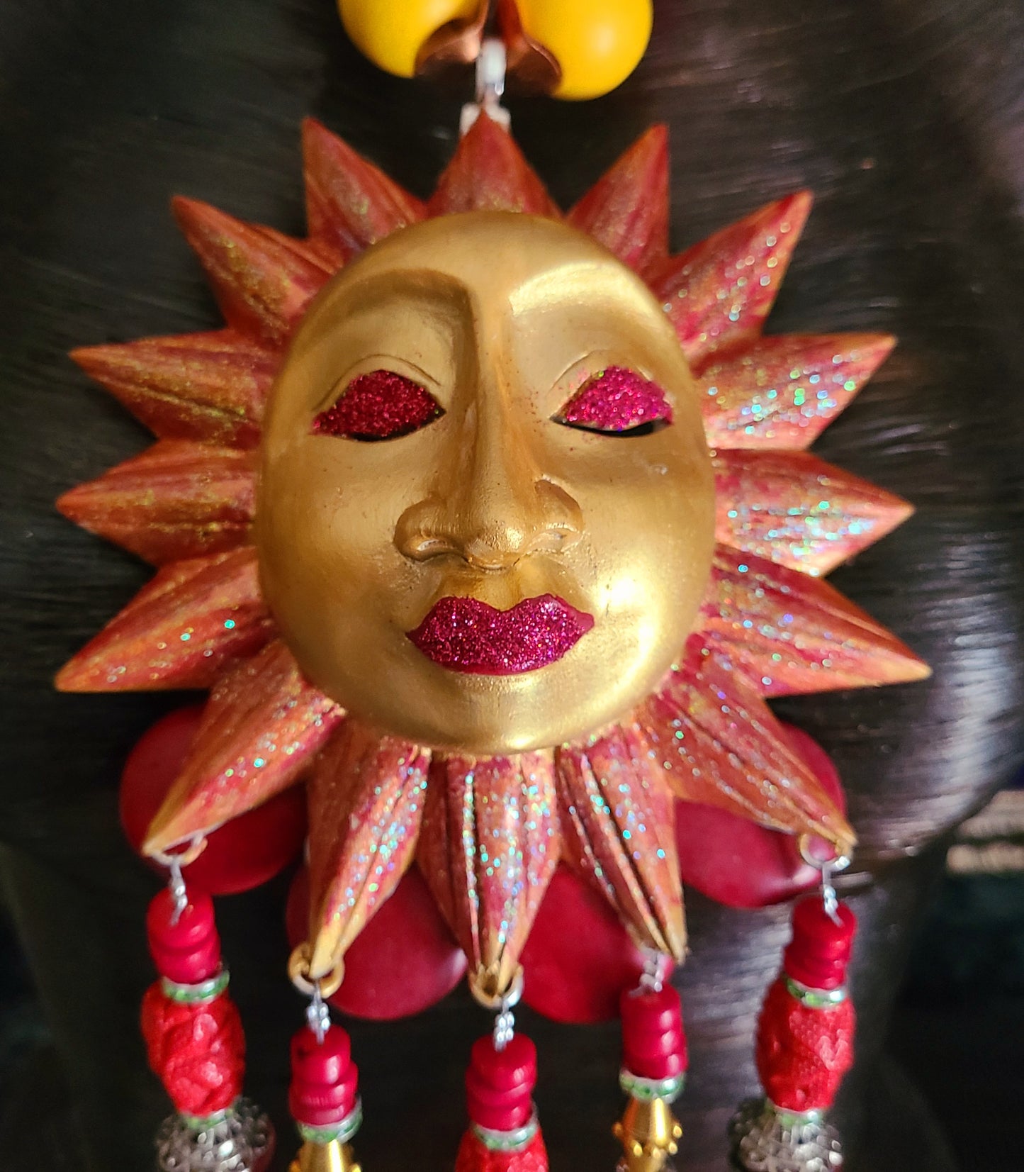 Golden Red Sun Chest Piece With Beaded Dangles - Folklore Inspired Sun Statement Pendant - Kat Kouture Jewelry