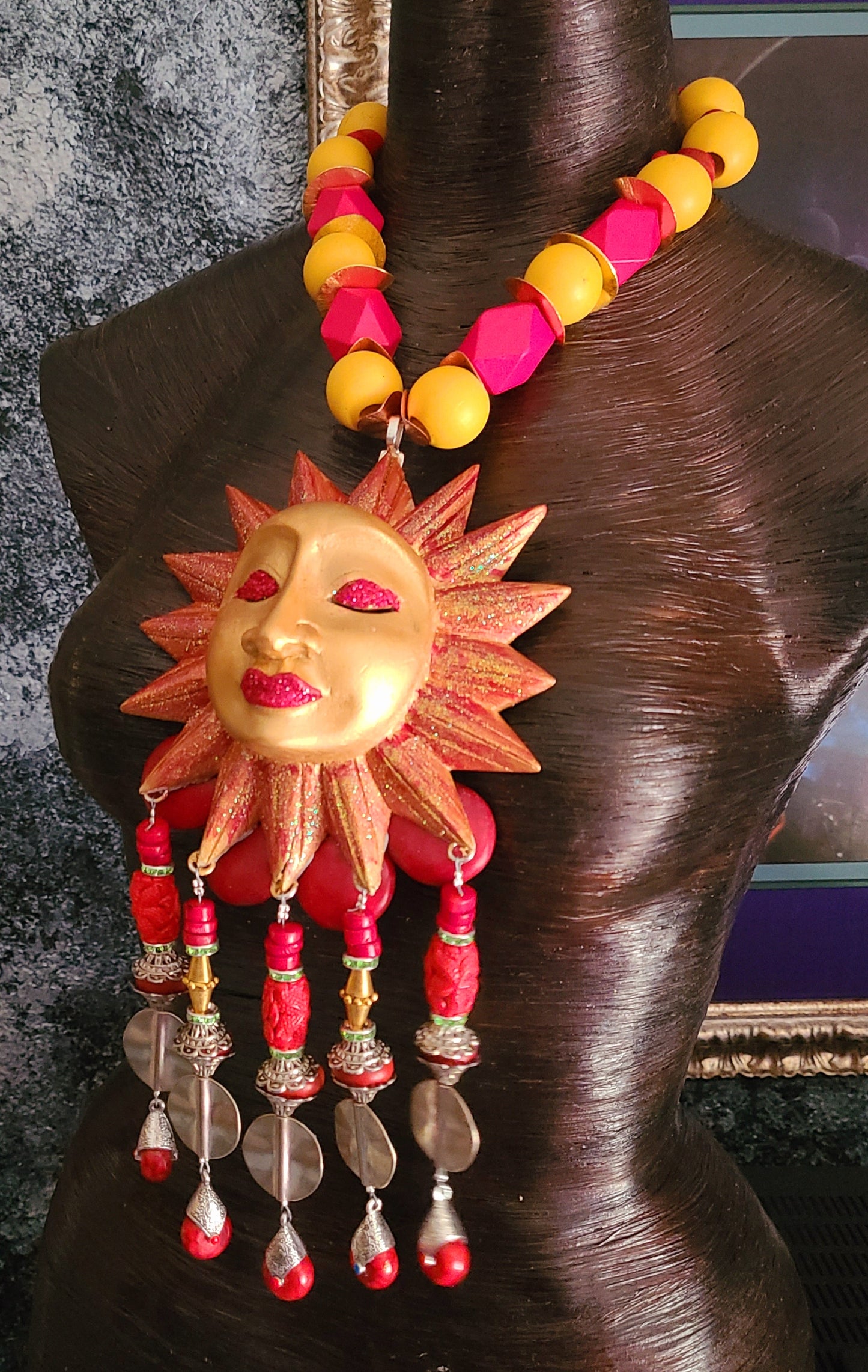 Golden Red Sun Chest Piece With Beaded Dangles - Folklore Inspired Sun Statement Pendant - Kat Kouture Jewelry