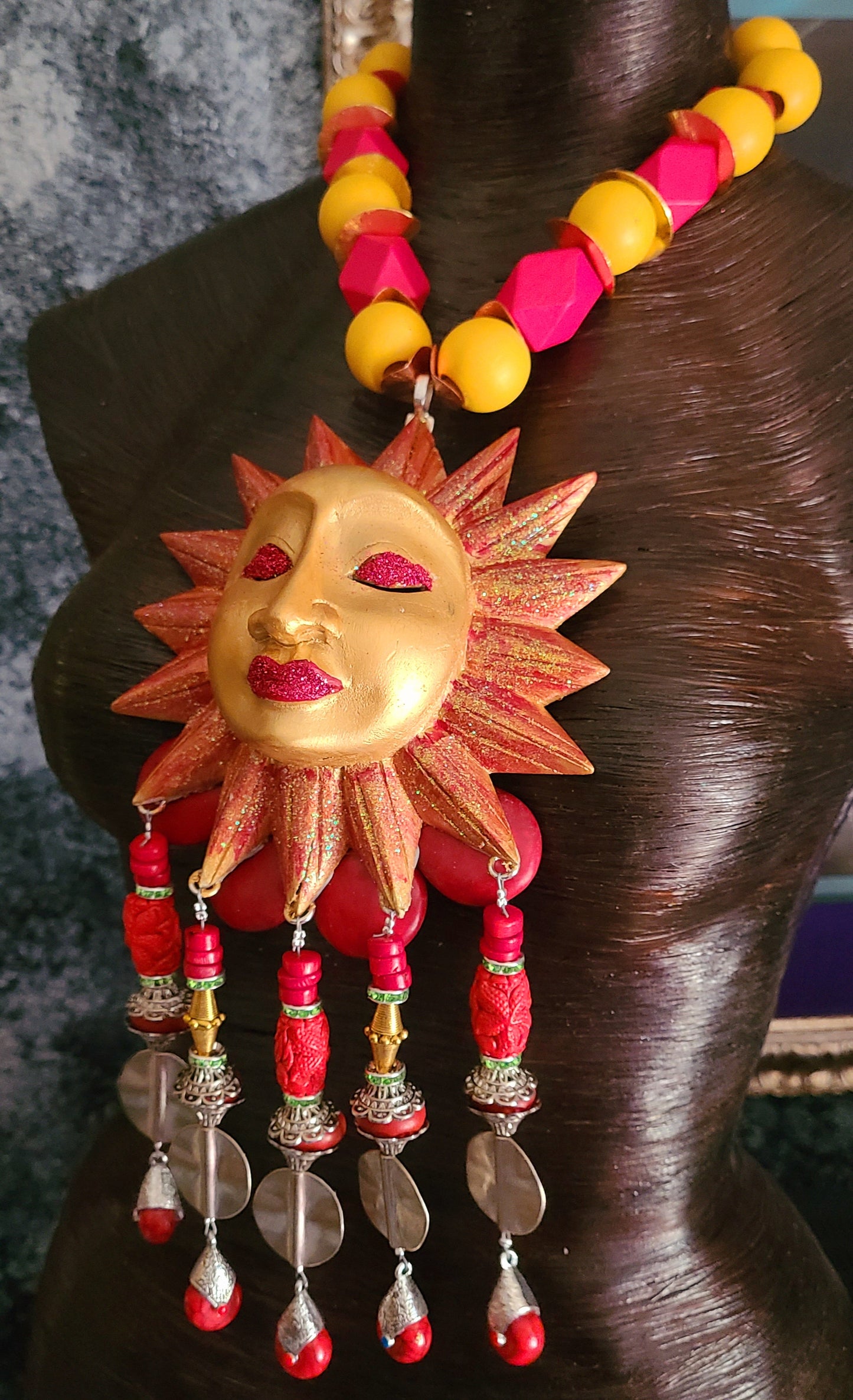 Golden Red Sun Chest Piece With Beaded Dangles - Folklore Inspired Sun Statement Pendant - Kat Kouture Jewelry