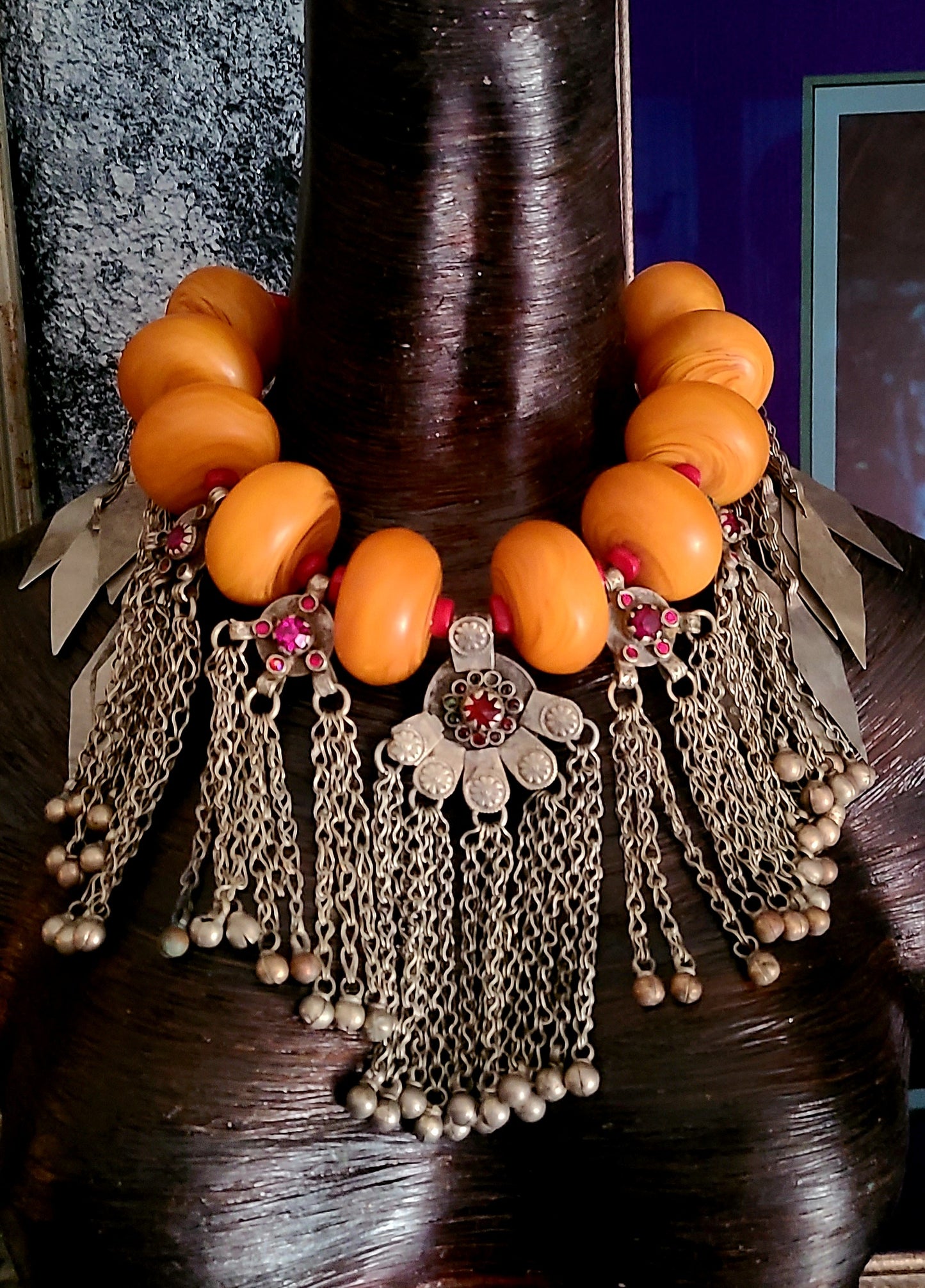 Oversized Honey Resin Tribal Statement Necklace With Kuchi Turkmen Dangles, Jewelry for Belly Dancers, Ethnic Haute Couture Choker