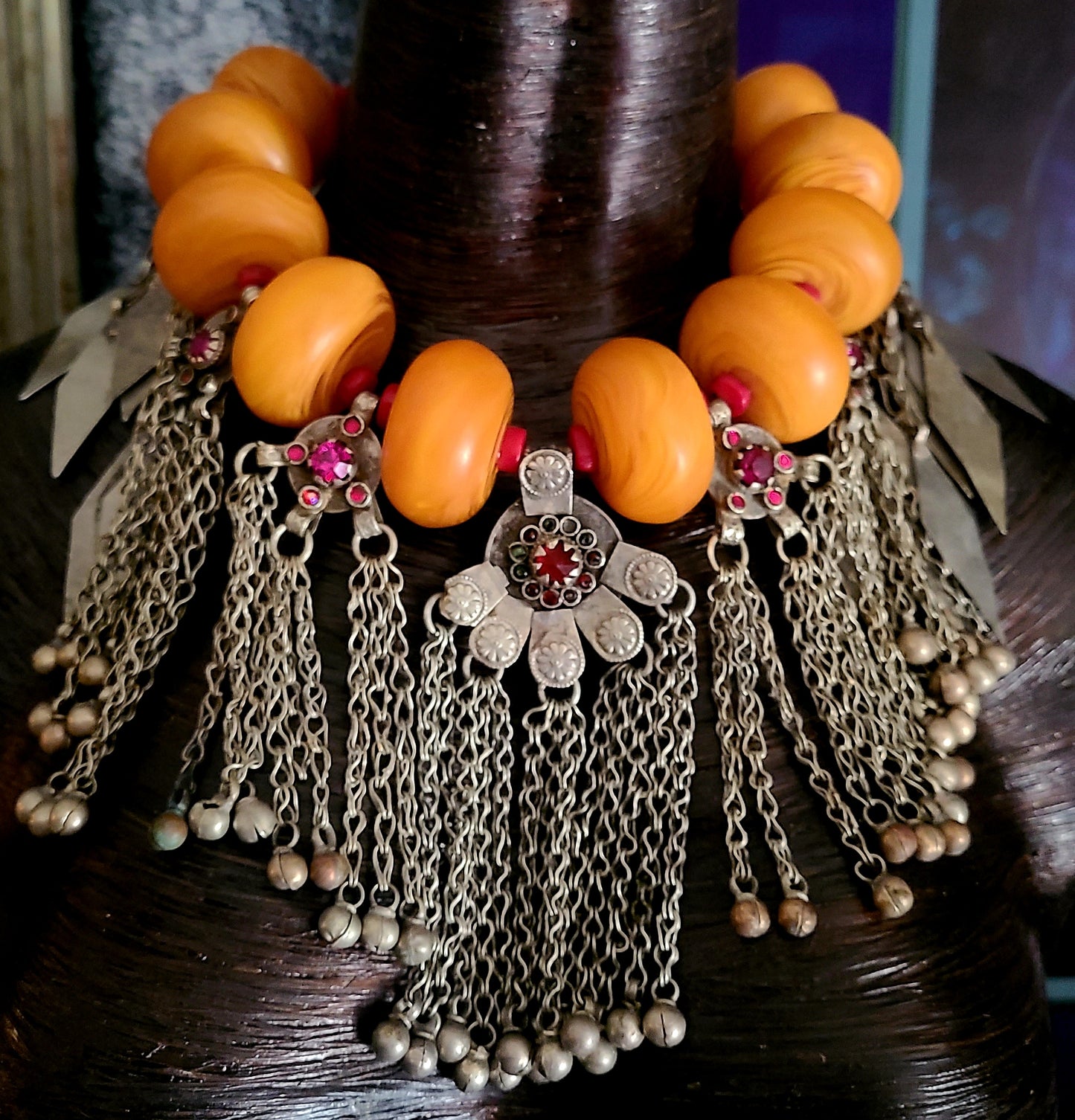 Oversized Honey Resin Tribal Statement Necklace With Kuchi Turkmen Dangles, Jewelry for Belly Dancers, Ethnic Haute Couture Choker