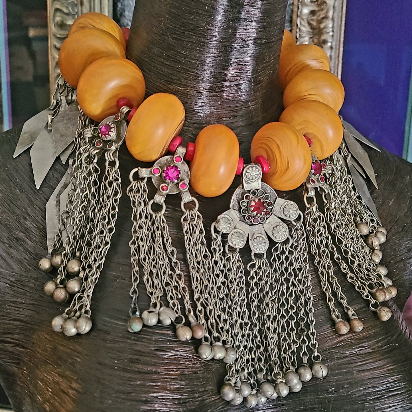 Oversized Honey Resin Tribal Statement Necklace With Kuchi Turkmen Dangles, Jewelry for Belly Dancers, Ethnic Haute Couture Choker