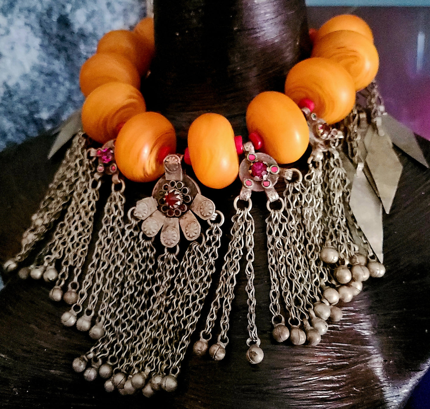 Oversized Honey Resin Tribal Statement Necklace With Kuchi Turkmen Dangles, Jewelry for Belly Dancers, Ethnic Haute Couture Choker