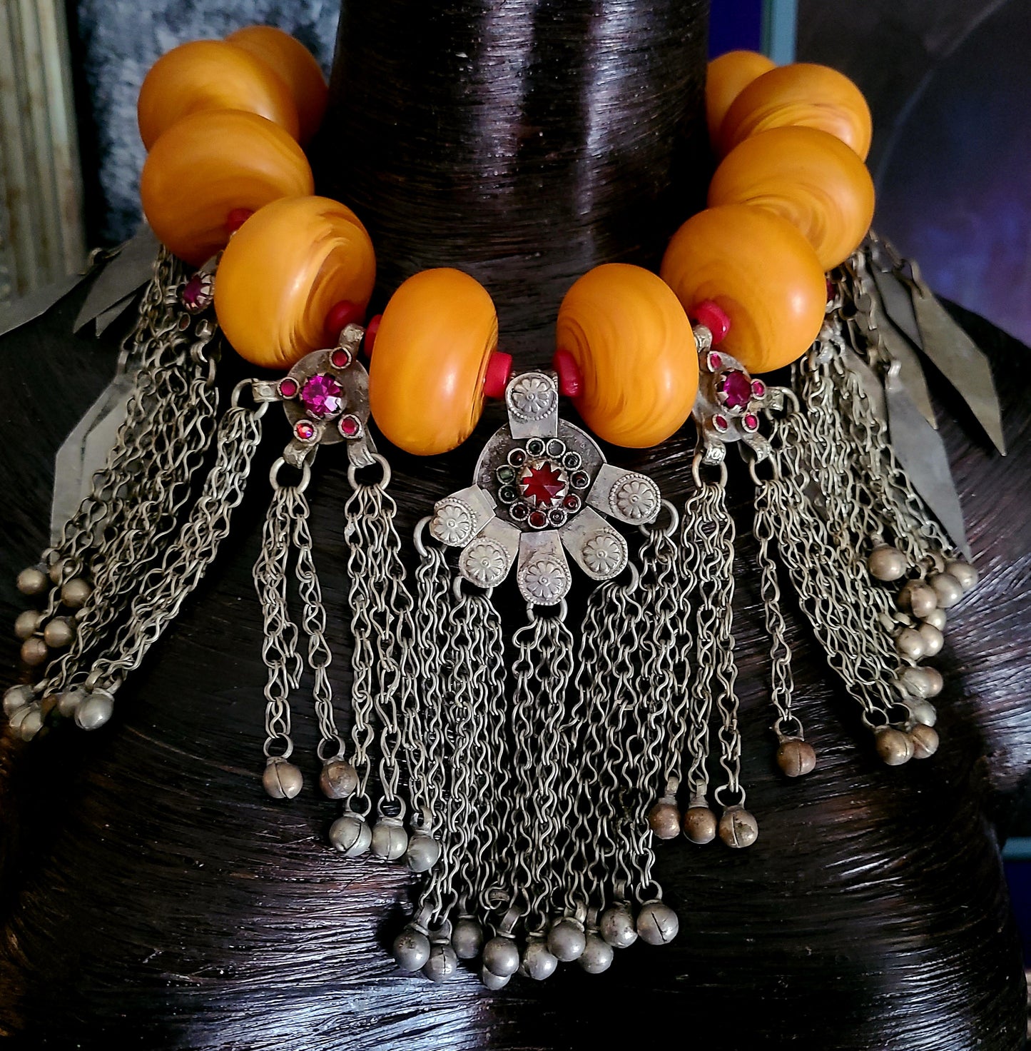 Oversized Honey Resin Tribal Statement Necklace With Kuchi Turkmen Dangles, Jewelry for Belly Dancers, Ethnic Haute Couture Choker