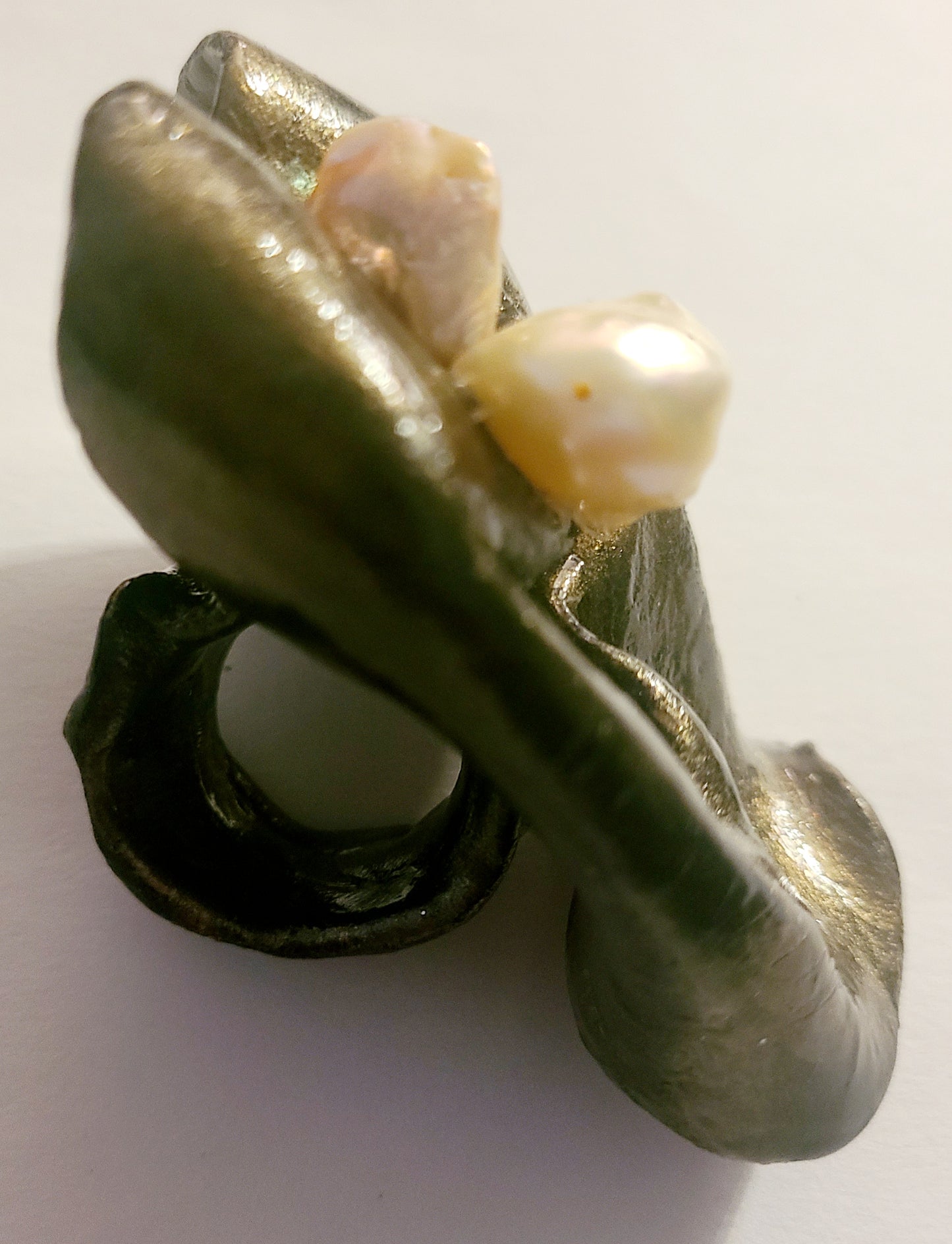 Hand Sculpted Freshwater Pearl Statement Ring Size 8-9, Bronze Metallic Sensuous Finger Candy, OOAK Wearable Art Cocktail Ring