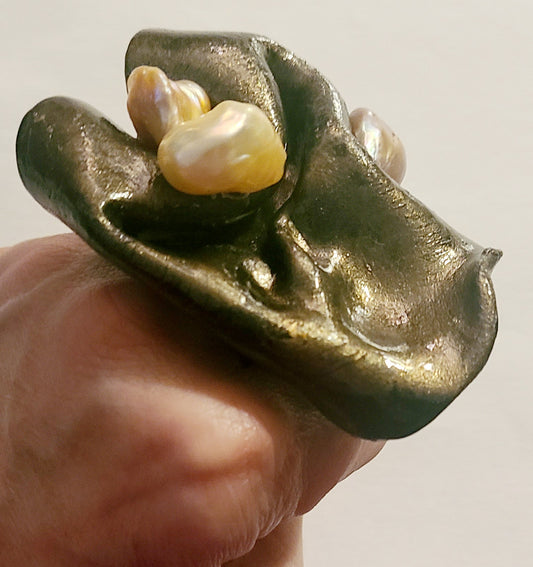 Hand Sculpted Freshwater Pearl Statement Ring Size 8-9, Bronze Metallic Sensuous Finger Candy, OOAK Wearable Art Cocktail Ring