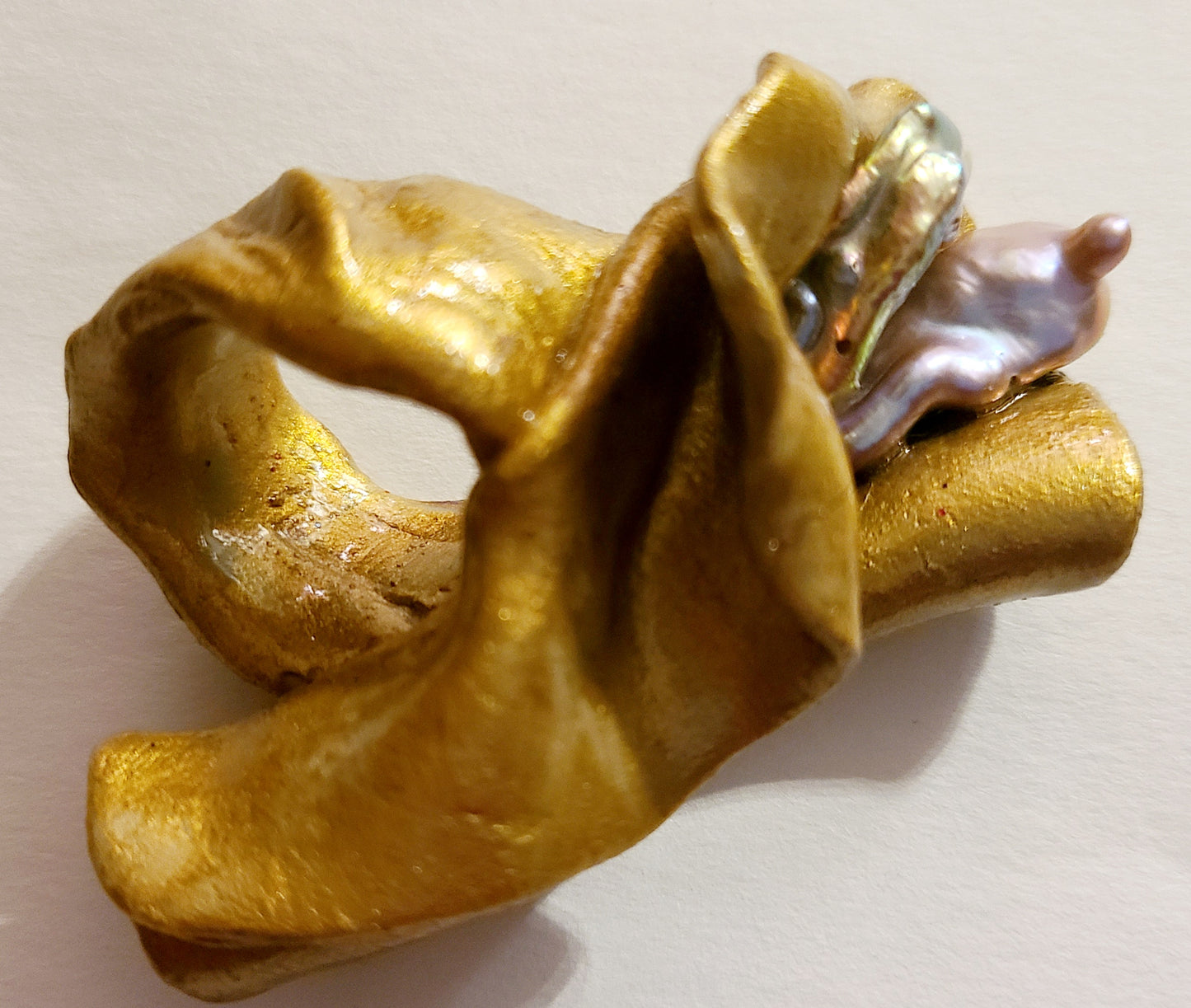 Gold Metallic Hand Sculpted Freshwater Pearl Statement Ring Size 7,  Sensuous Organic Yoni Ring, OOAK Wearable Art Finger Candy