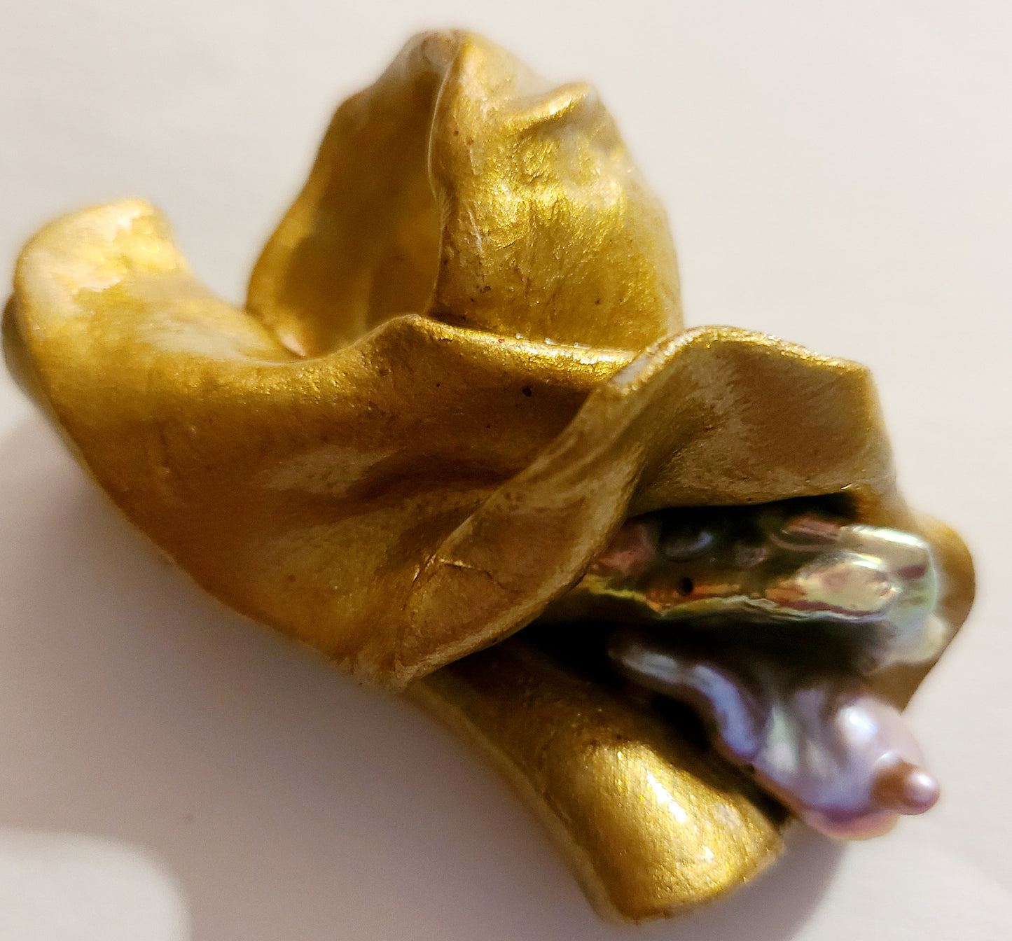 Gold Metallic Hand Sculpted Freshwater Pearl Statement Ring Size 7,  Sensuous Organic Yoni Ring, OOAK Wearable Art Finger Candy