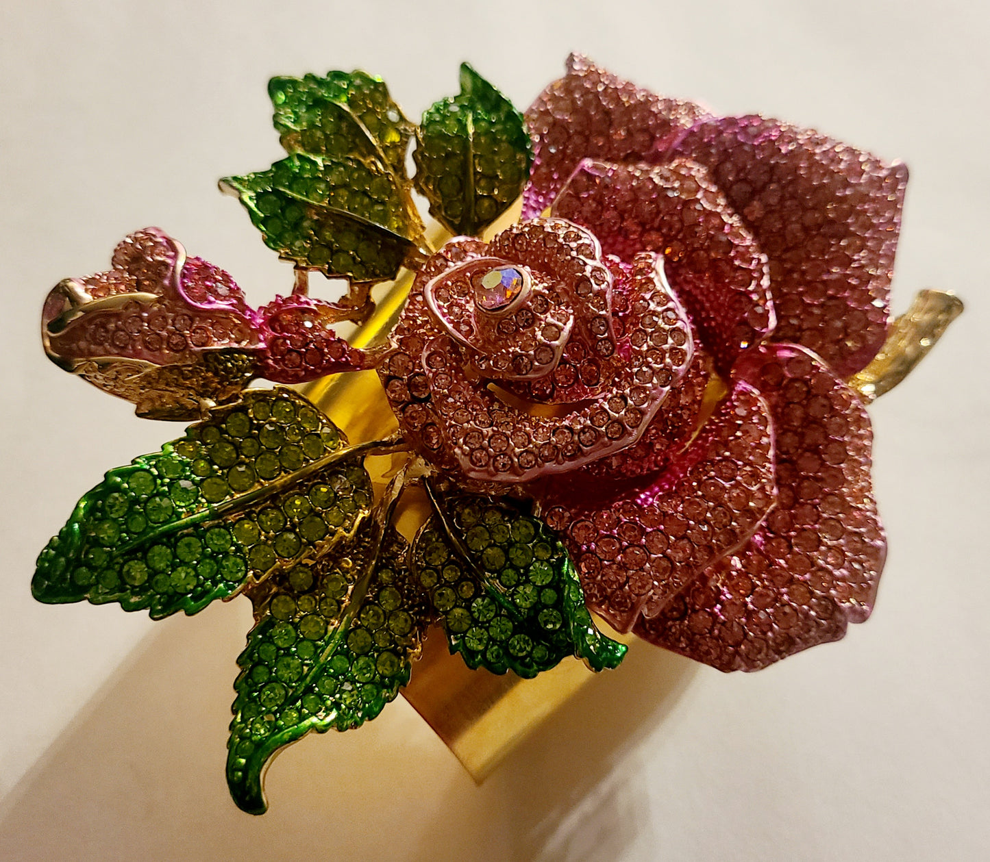 Statement Cuff Rhinestone Rose Pink Green, Cuff Wide Brass Flower Crystal, Wrist Candy Oversized Wedding Bridal