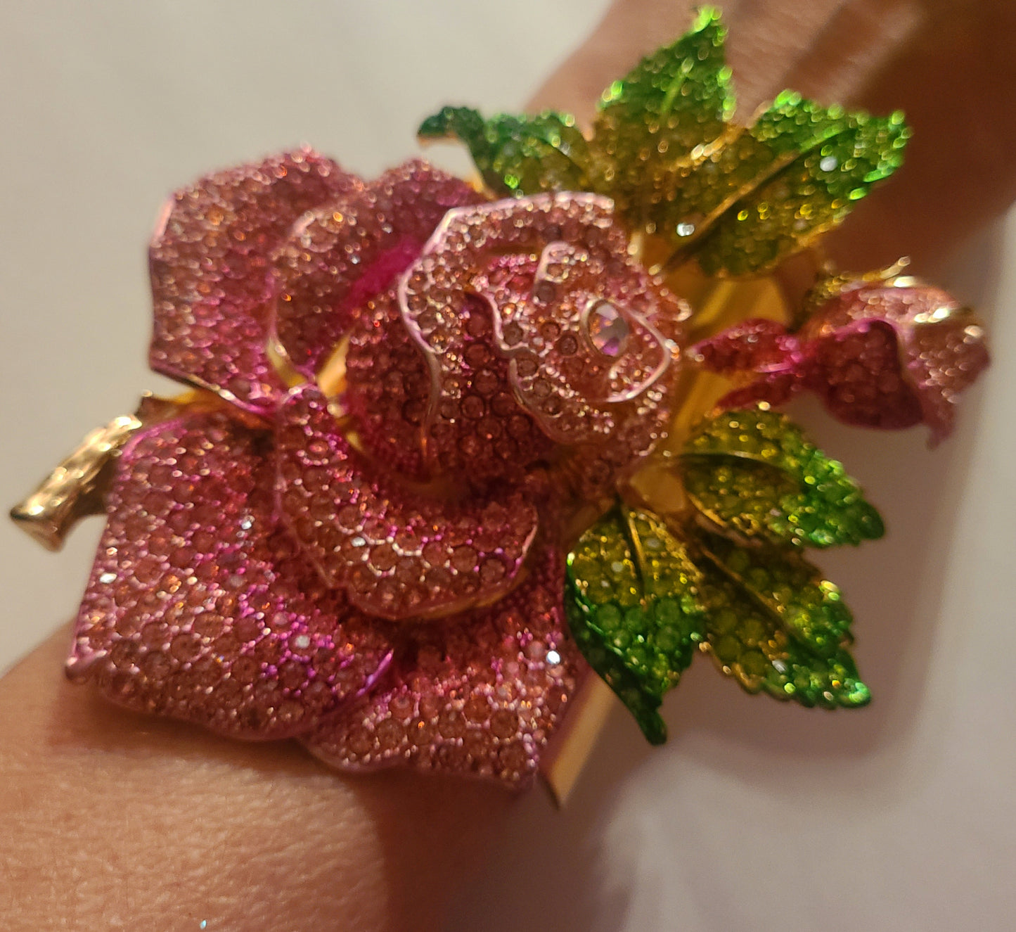 Statement Cuff Rhinestone Rose Pink Green, Cuff Wide Brass Flower Crystal, Wrist Candy Oversized Wedding Bridal