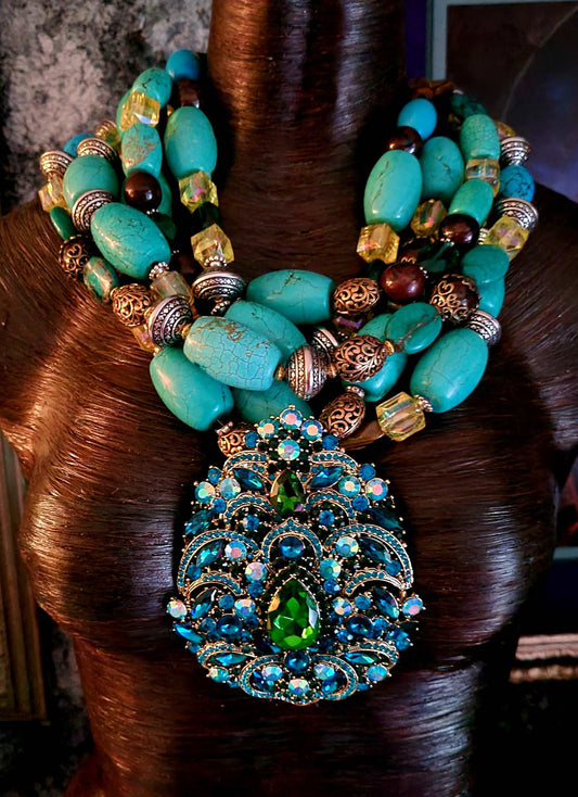 Blue Green Heavy Magnesite Multi Strand Necklace With Massive Art Deco Rhinestone Pendant