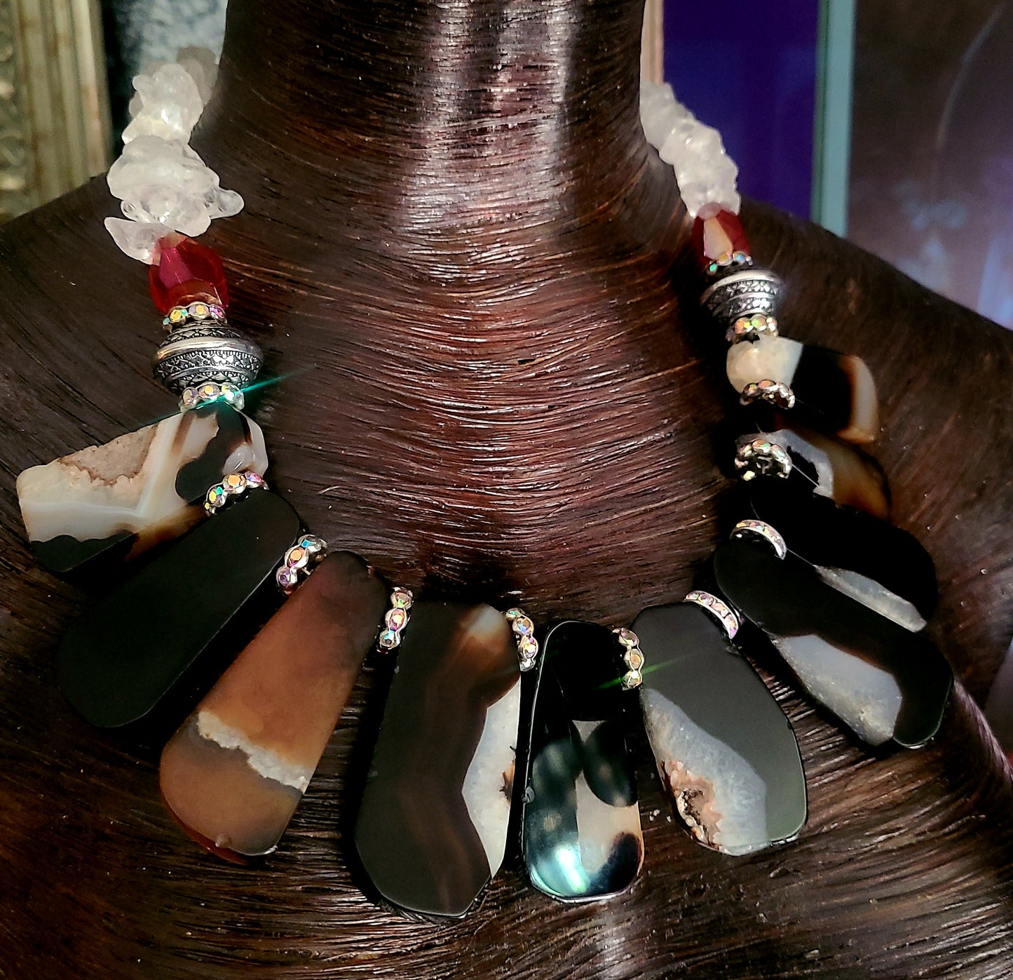 Earth Tone Polished Agate Slab Statement Necklace, Rough Crystal and Agate Slice Brown Black and White Gemstone Bib, Unisex Gemstone Chest Piece