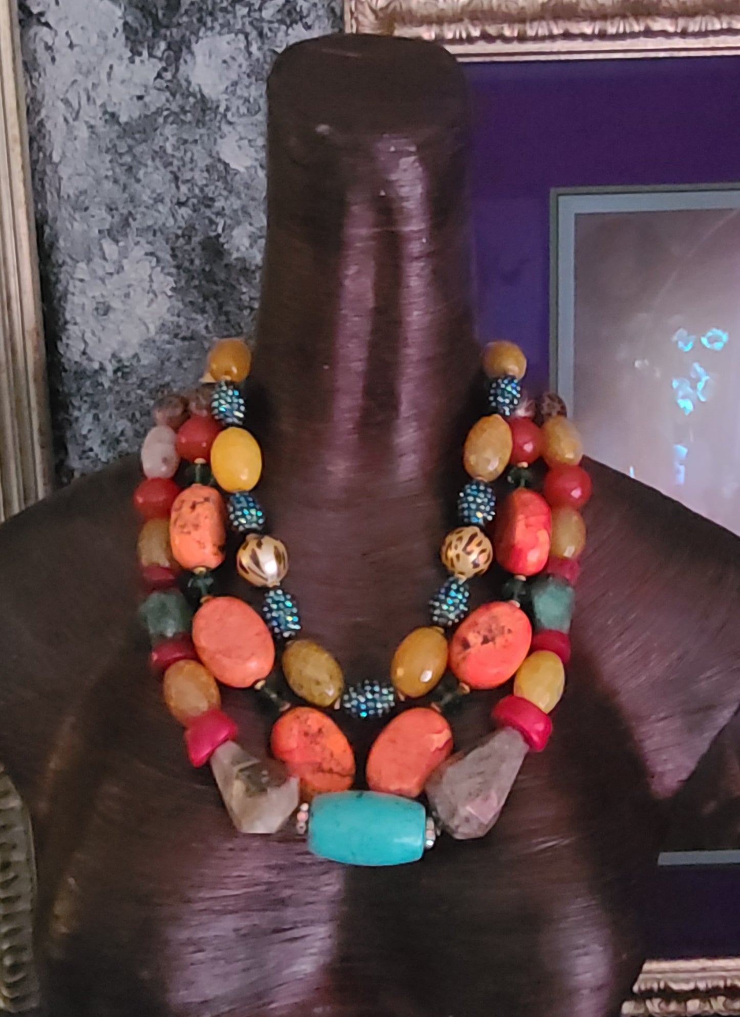 Bold Chunky & Heavy Mixed Gemstone Statement Necklace - Triple Strand Oversized Beaded Chest Piece - Professional Business Venue Attire - Kat Kouture Jewelry