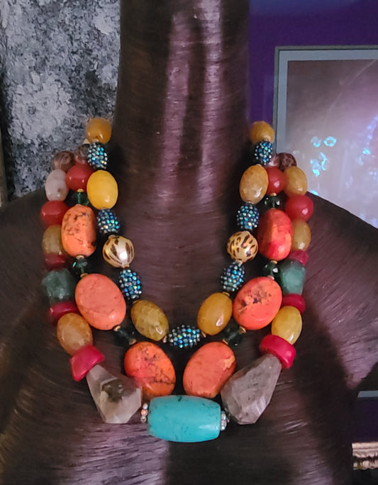 Bold Chunky & Heavy Mixed Gemstone Statement Necklace - Triple Strand Oversized Beaded Chest Piece - Professional Business Venue Attire - Kat Kouture Jewelry