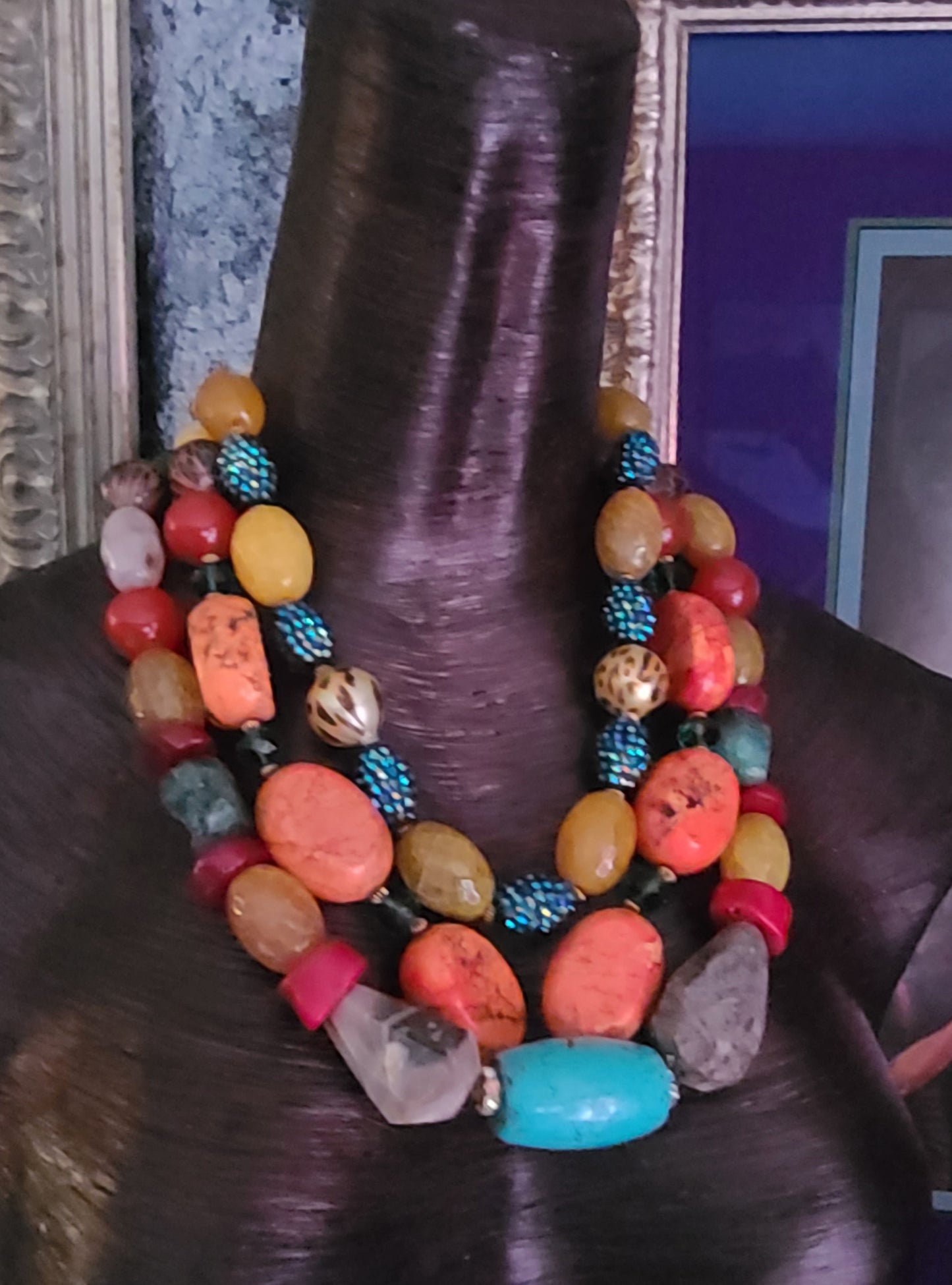 Bold Chunky & Heavy Mixed Gemstone Statement Necklace - Triple Strand Oversized Beaded Chest Piece - Professional Business Venue Attire - Kat Kouture Jewelry