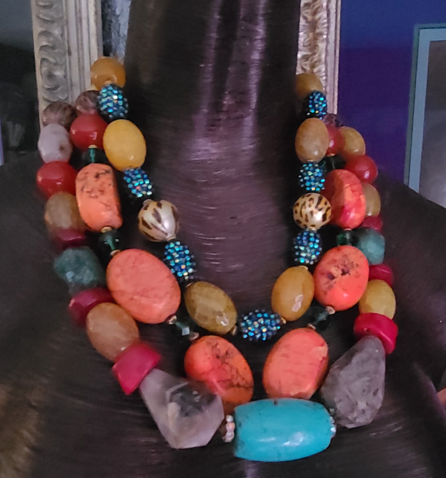 Bold Chunky & Heavy Mixed Gemstone Statement Necklace - Triple Strand Oversized Beaded Chest Piece - Professional Business Venue Attire - Kat Kouture Jewelry