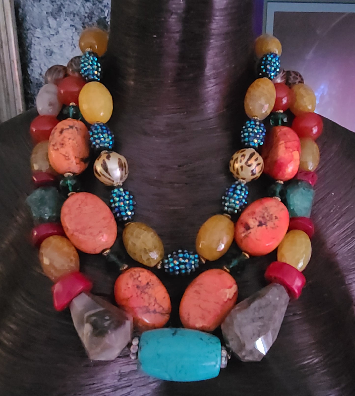 Bold Chunky & Heavy Mixed Gemstone Statement Necklace - Triple Strand Oversized Beaded Chest Piece - Professional Business Venue Attire - Kat Kouture Jewelry