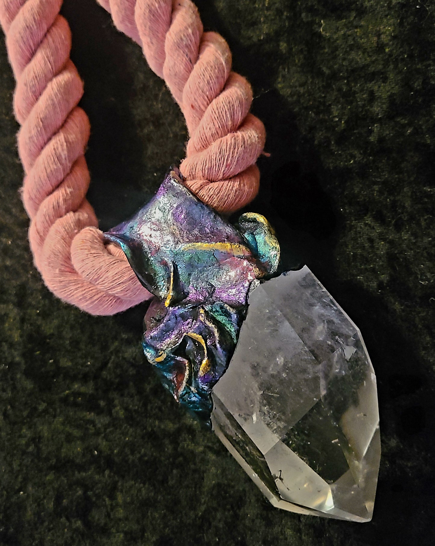 Pendant Sculpted Jewel Tone Quartz Point With Rope, Amulet Gemstone Crystal Clear, Jewelry Frankie Bernstein Style