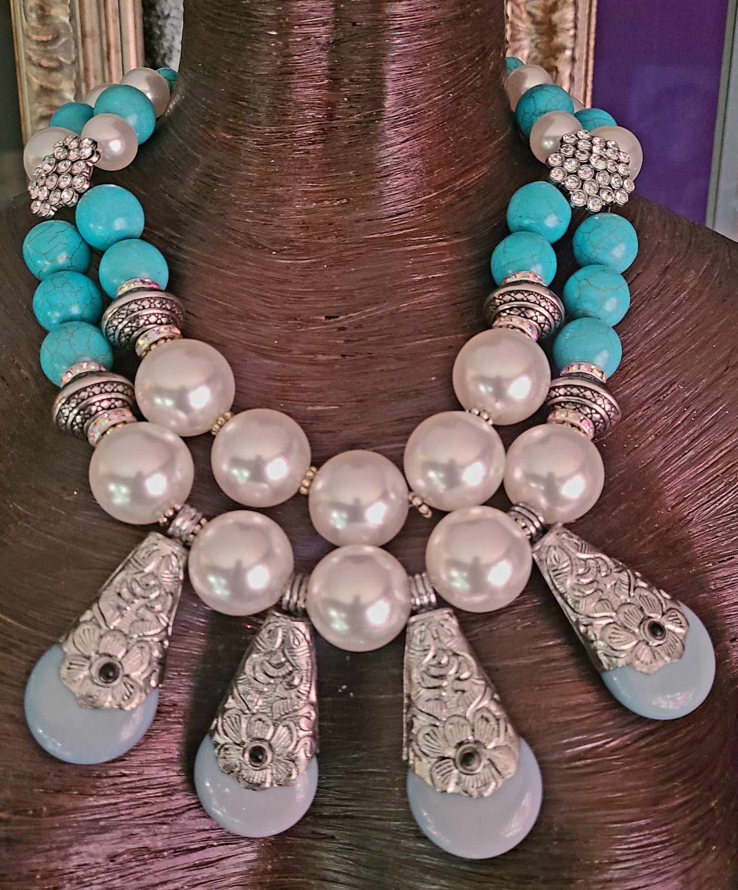 Faux Pearl Blue Magnesite & Rhinestone Statement Necklace - Tibetan Teardrop Lightweight Chest Piece - Kat Kouture Wearable Art Jewelry - Mother of the Bride Necklace