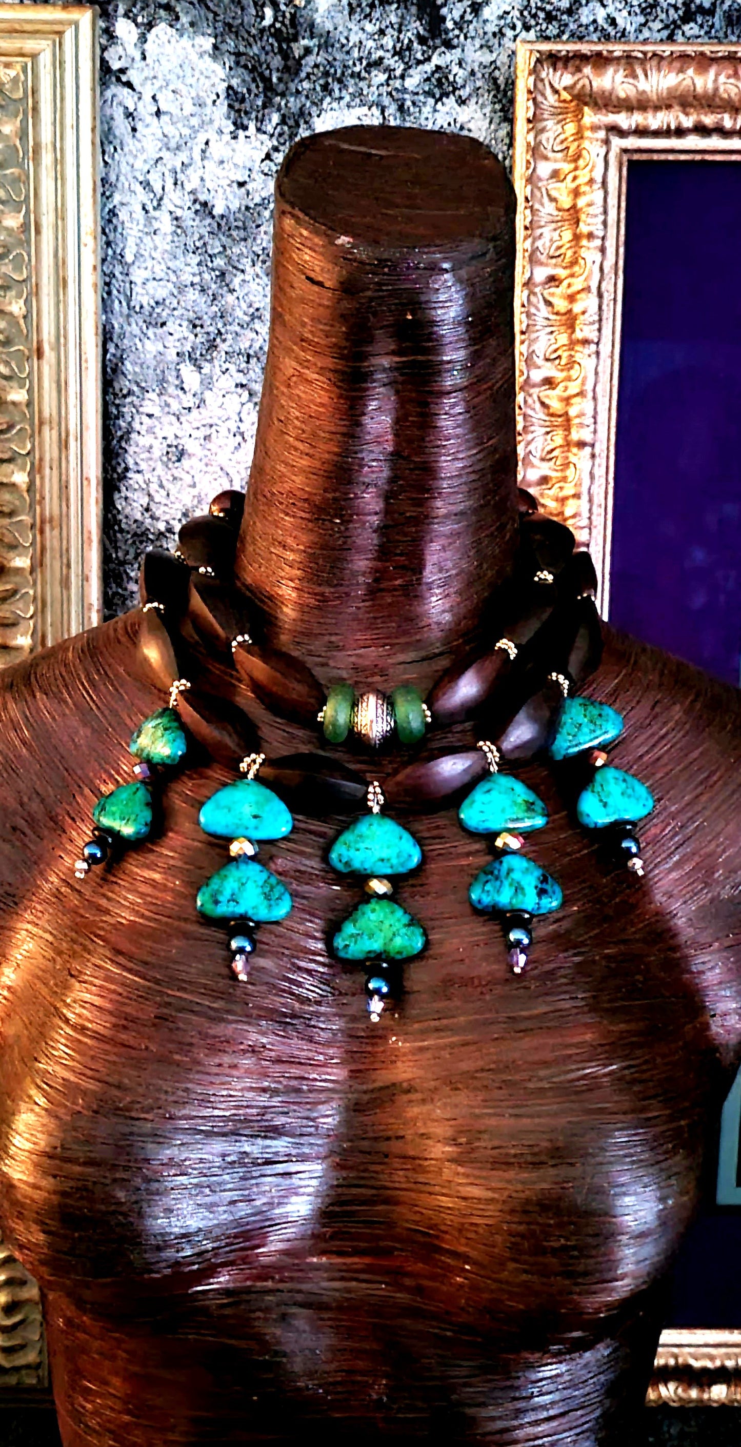 Chrysocolla Dangle Beaded Statement Necklace - Green and Brown Wood Fancy Beaded Choker - Neck Candy for Petite Women - Kat Kouture Jewelry