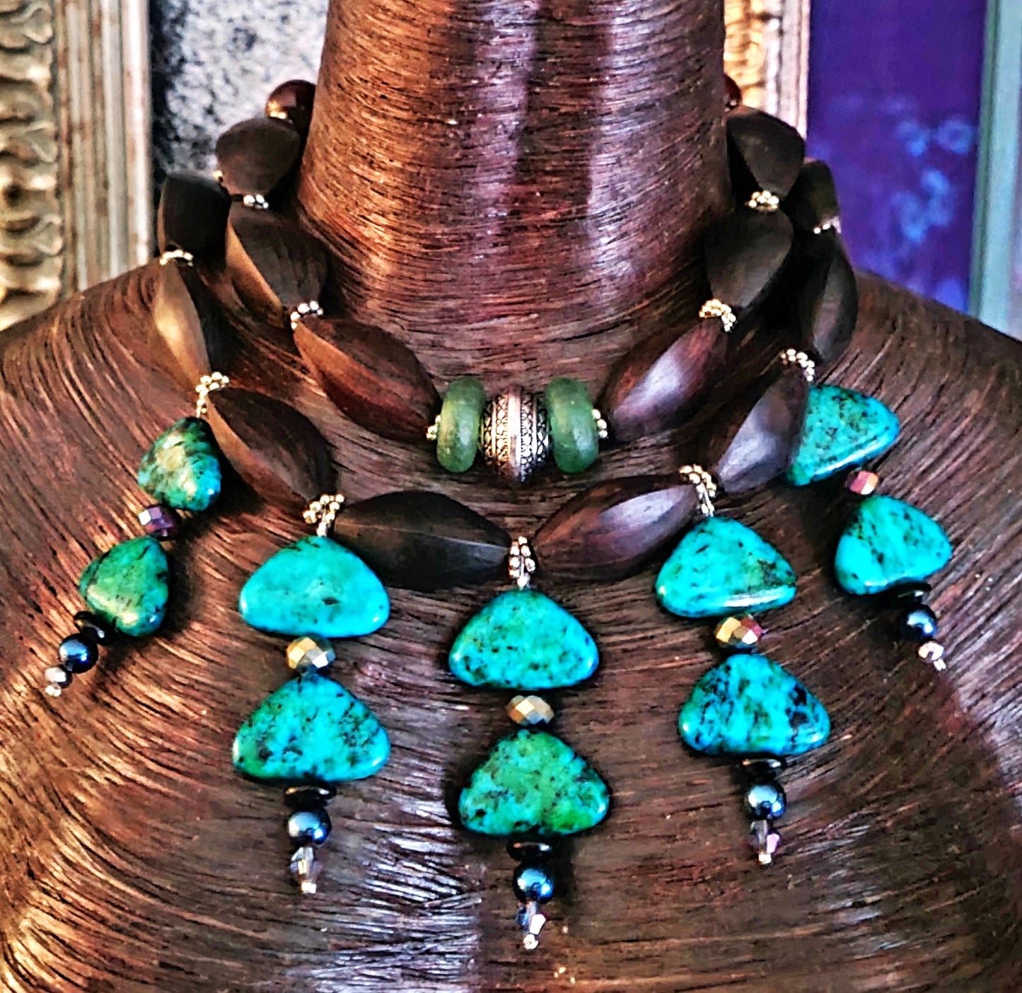 Chrysocolla Dangle Beaded Statement Necklace - Green and Brown Wood Fancy Beaded Choker - Neck Candy for Petite Women - Kat Kouture Jewelry