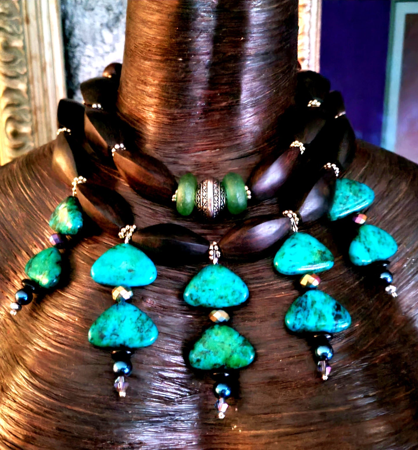 Chrysocolla Dangle Beaded Statement Necklace - Green and Brown Wood Fancy Beaded Choker - Neck Candy for Petite Women - Kat Kouture Jewelry