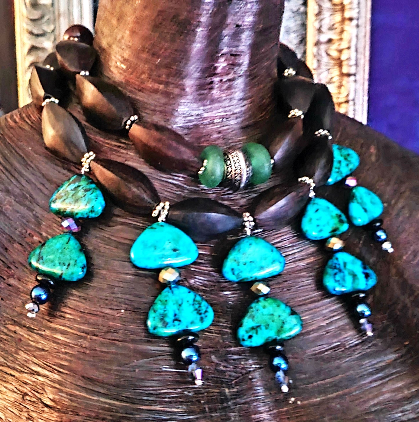 Chrysocolla Dangle Beaded Statement Necklace - Green and Brown Wood Fancy Beaded Choker - Neck Candy for Petite Women - Kat Kouture Jewelry