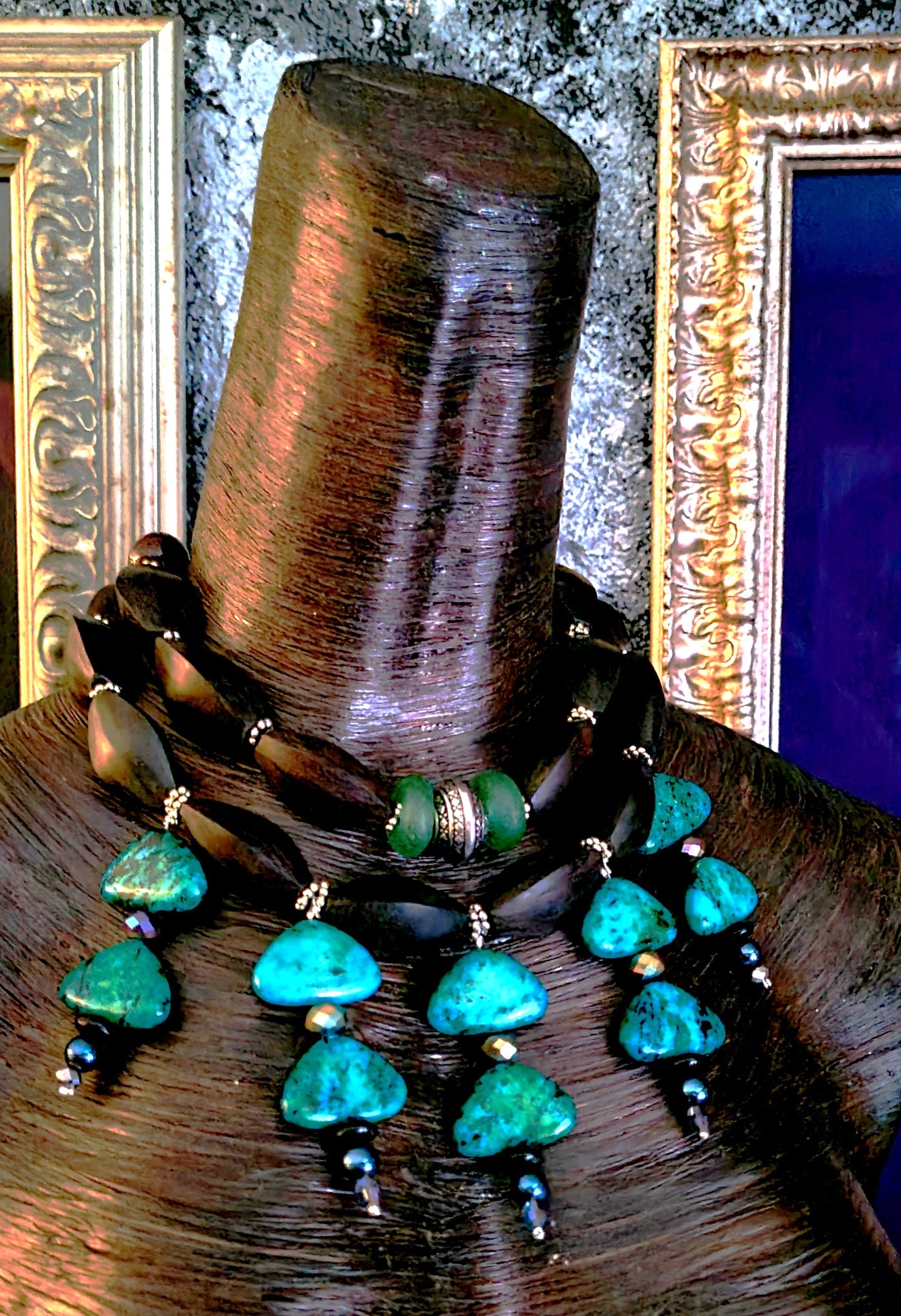 Chrysocolla Dangle Beaded Statement Necklace - Green and Brown Wood Fancy Beaded Choker - Neck Candy for Petite Women - Kat Kouture Jewelry