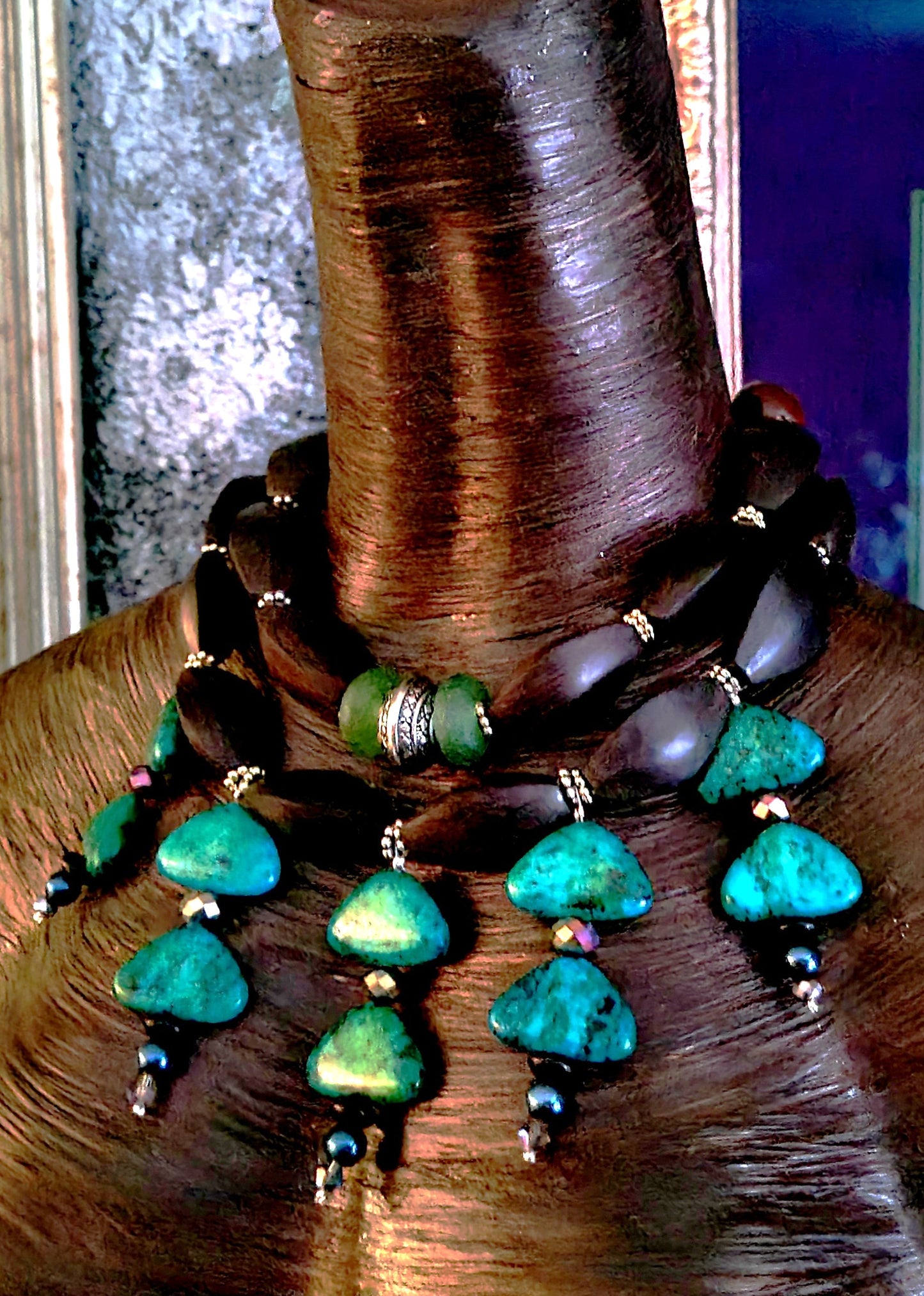 Chrysocolla Dangle Beaded Statement Necklace - Green and Brown Wood Fancy Beaded Choker - Neck Candy for Petite Women - Kat Kouture Jewelry