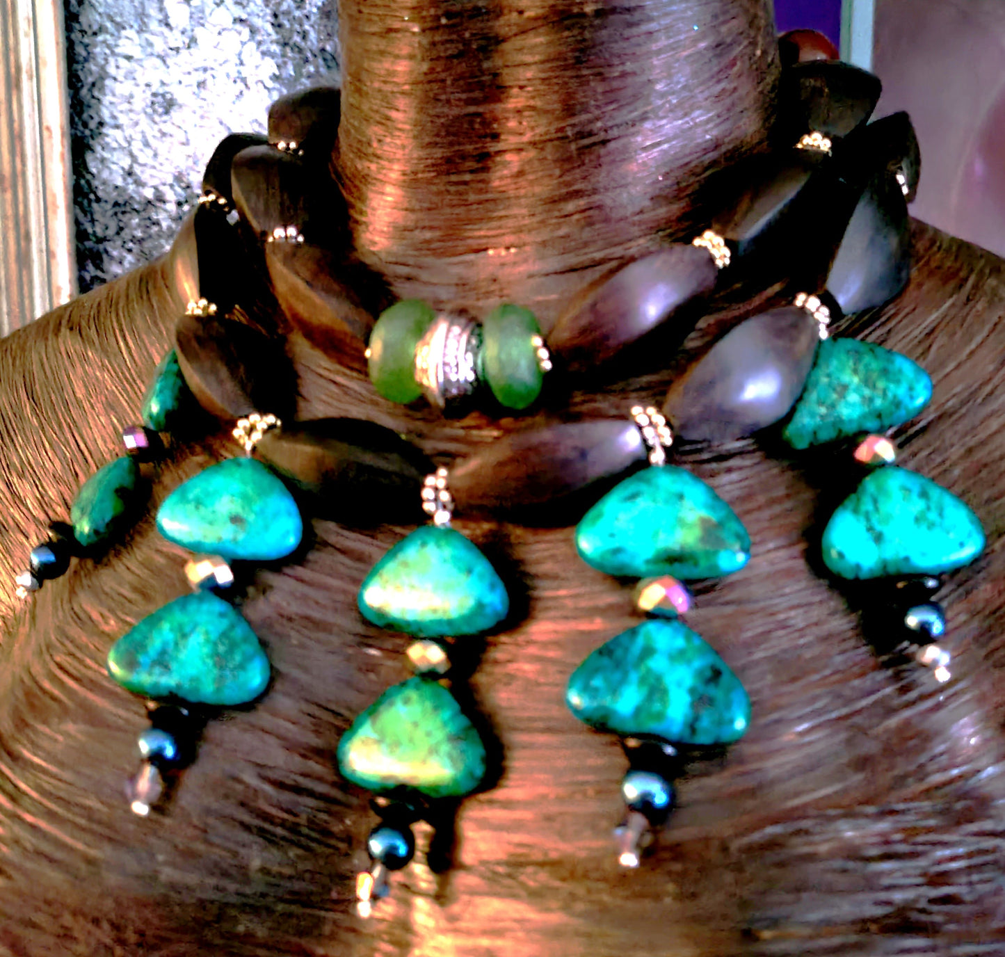 Chrysocolla Dangle Beaded Statement Necklace - Green and Brown Wood Fancy Beaded Choker - Neck Candy for Petite Women - Kat Kouture Jewelry