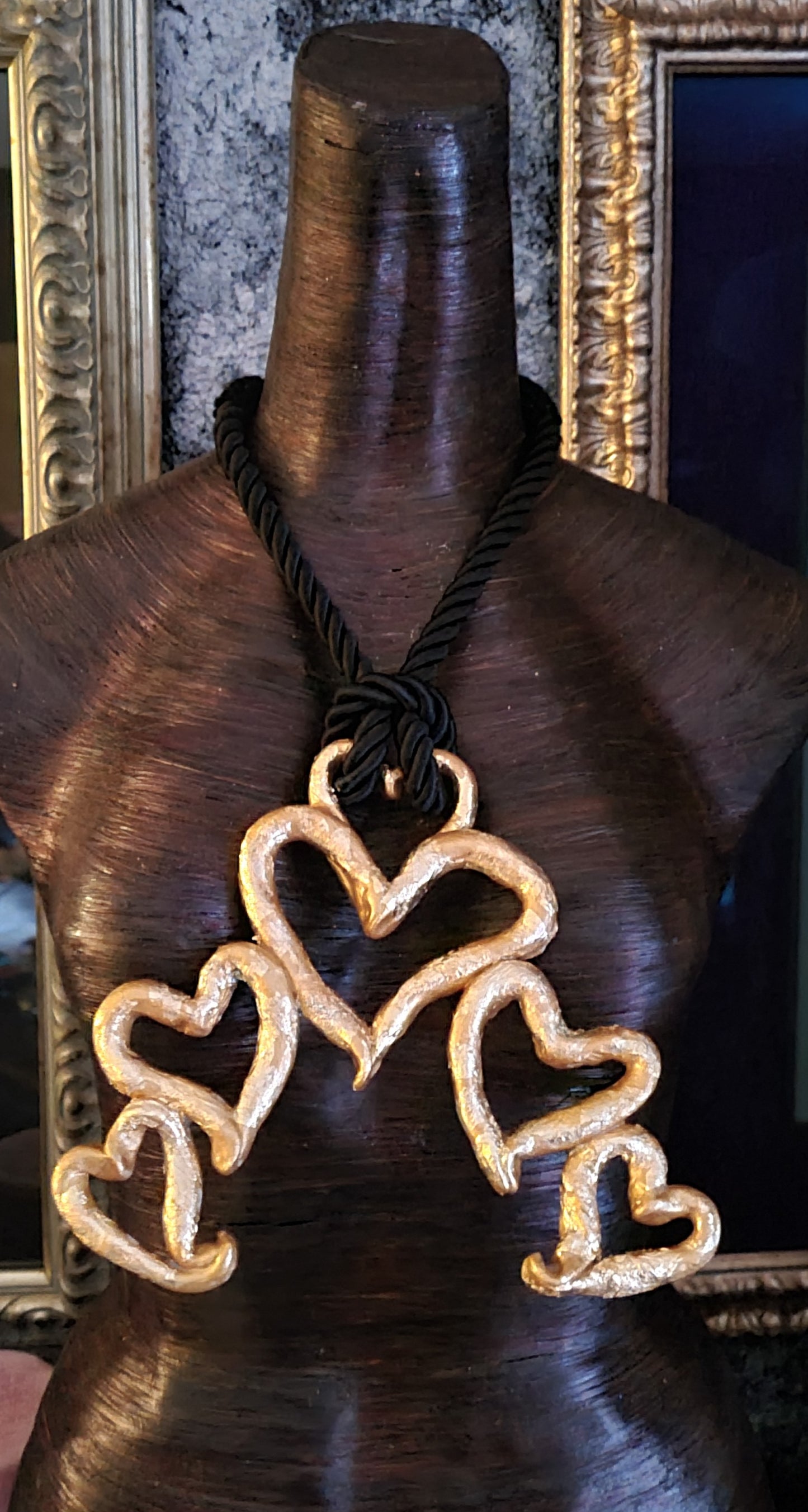 Sculpted Gold Leaf Metallic Multi-Heart Chest Piece - Love Statement Necklace with Black Rope - Kat Kouture Jewelry - Valentine's Day Accessory