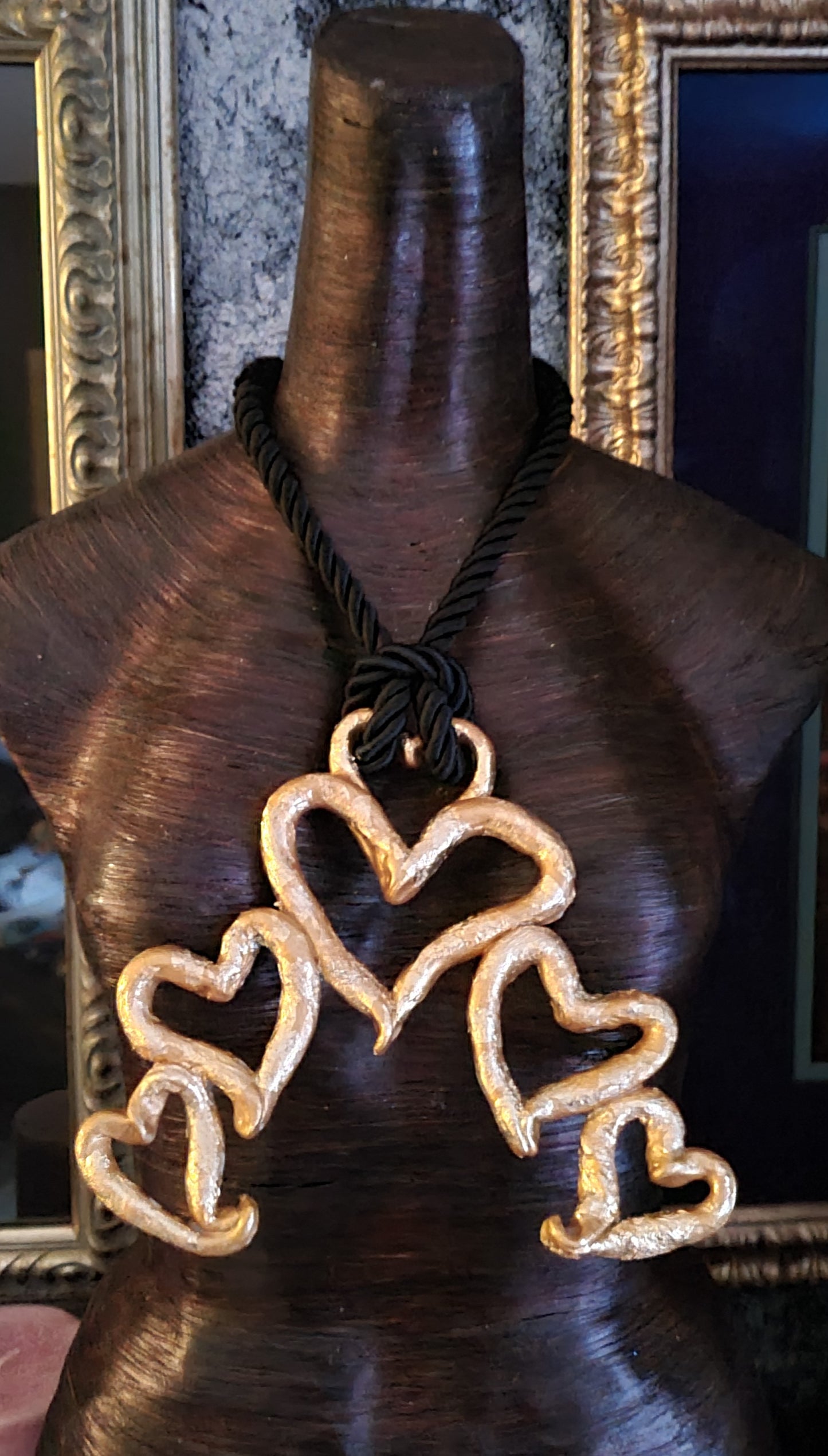 Sculpted Gold Leaf Metallic Multi-Heart Chest Piece - Love Statement Necklace with Black Rope - Kat Kouture Jewelry - Valentine's Day Accessory