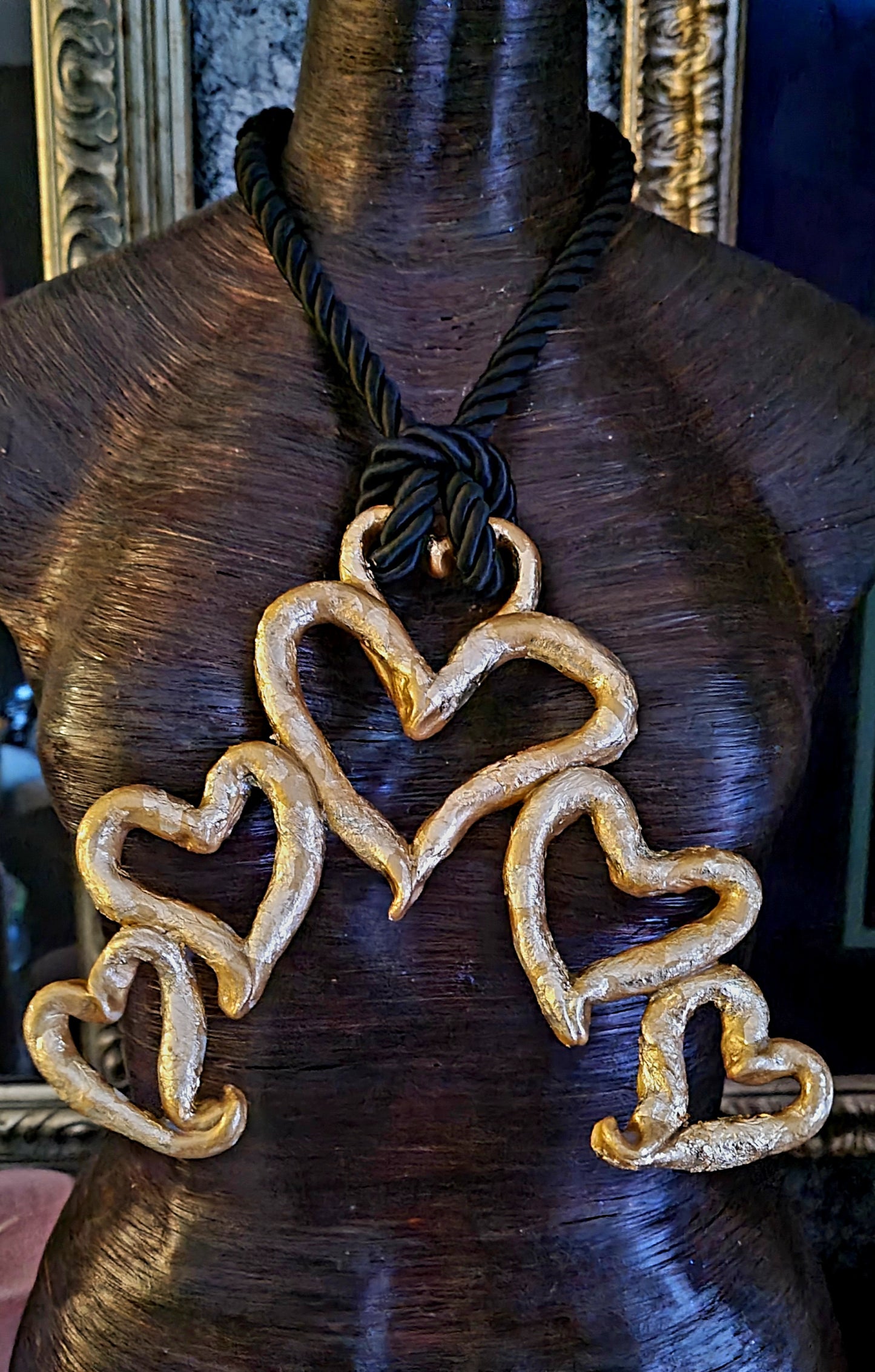 Sculpted Gold Leaf Metallic Multi-Heart Chest Piece - Love Statement Necklace with Black Rope - Kat Kouture Jewelry - Valentine's Day Accessory