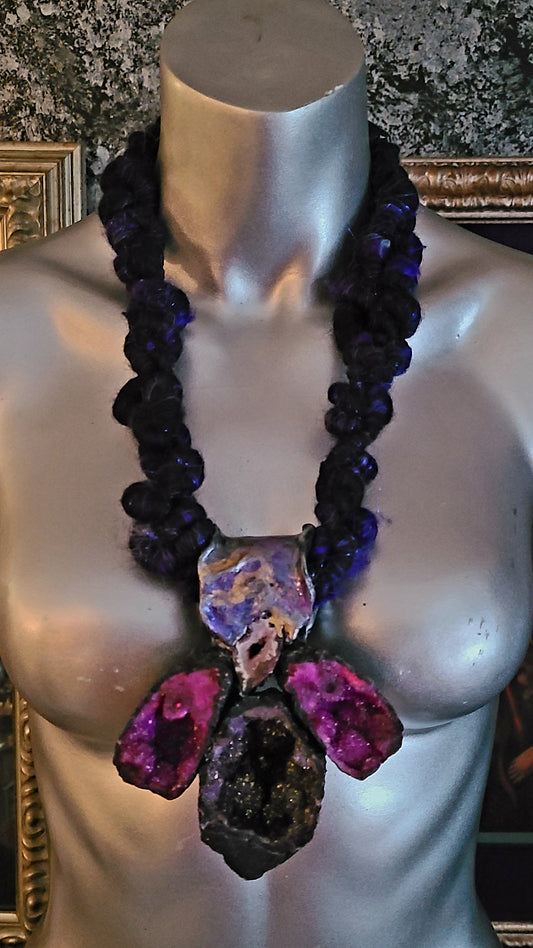 Purple Druzy Geode Sculpted Pendant With Art Yarn Necklace - Purple Crystal Gemstone Jeans Jewelry - Kat Kouture Jewelry
