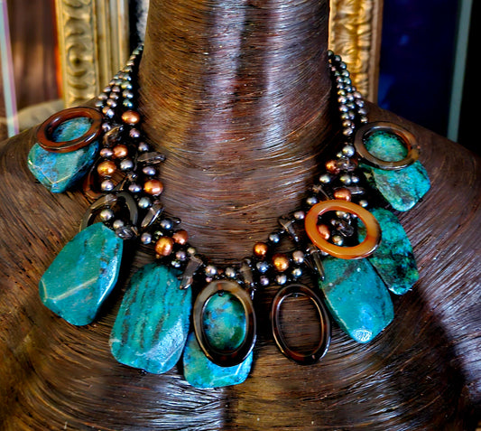 Chrysocolla & Freshwater Pearl Bespoke Statement Necklace, Socialite Gemstone Neck Candy, One of a Kind Artisan Jewelry from Kat Kouture, Anna Wintour Style