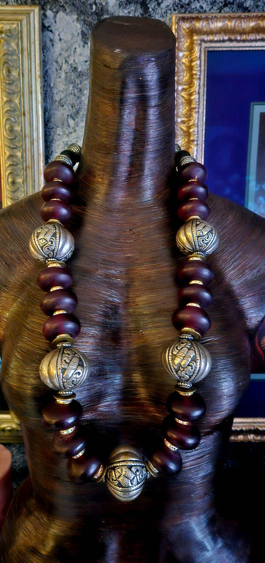 Burgundy Moroccan Resin & Tibetan Silver Repousse Long Statement Necklace; Exotic Oversized Beaded Tribal Necklace, Rare Scarce Unisex Ethnic Rope, Bold Chunky Opera Length Neck Piece