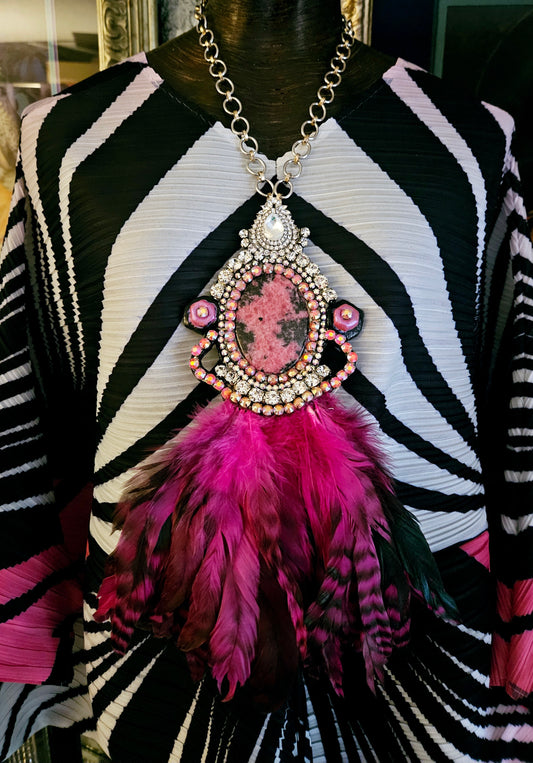 Agate Rhinestone and Feather Gatsby Revival Chest Piece, Theatrical Style Jewelry, Flamboyant Gemstone Statement Pendant