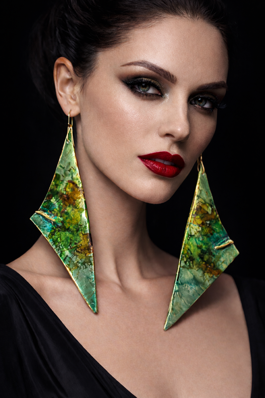 Green Triangular Hand Sculpted Long Pierced Earrings - Luxury OOAK