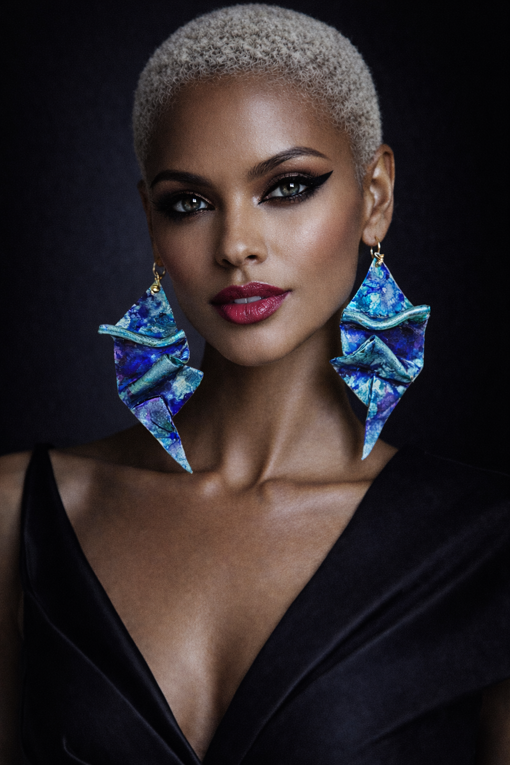 Blue Alcohol Ink Sculpted Geometric Oversized Pierced Earrings ~ Bold