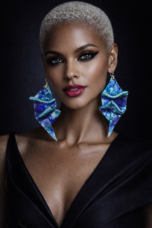 Blue Alcohol Ink Sculpted Geometric Oversized Pierced Earrings ~ Bold