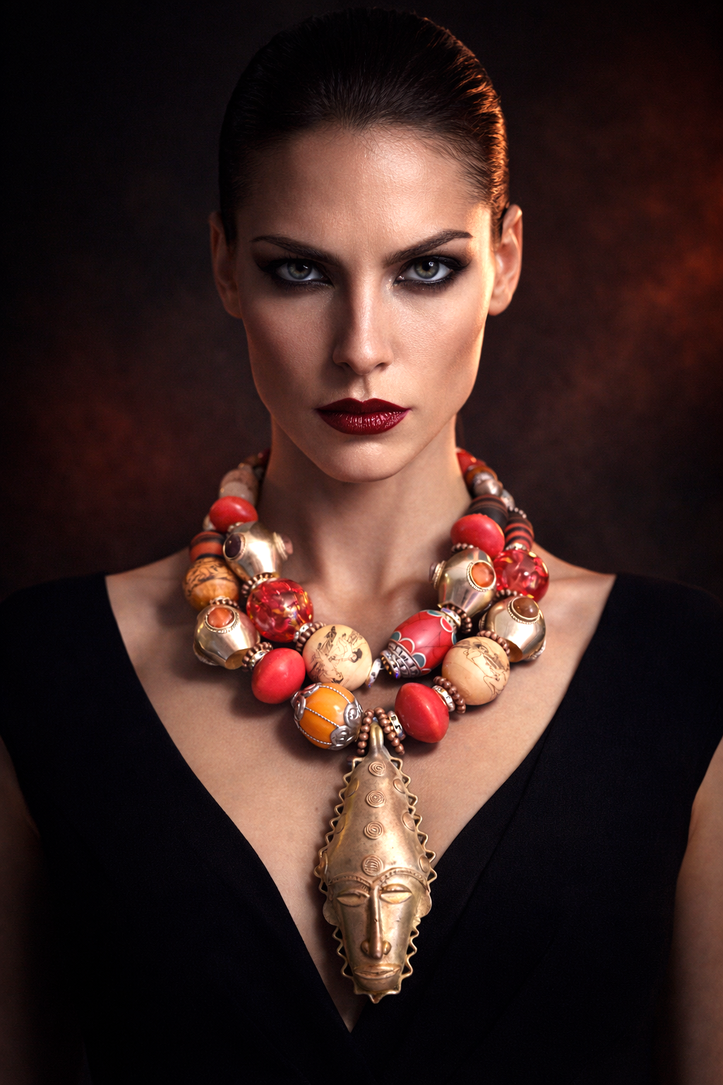 Exclusive Oversized Beaded Tribal Statement Necklace with African Mask